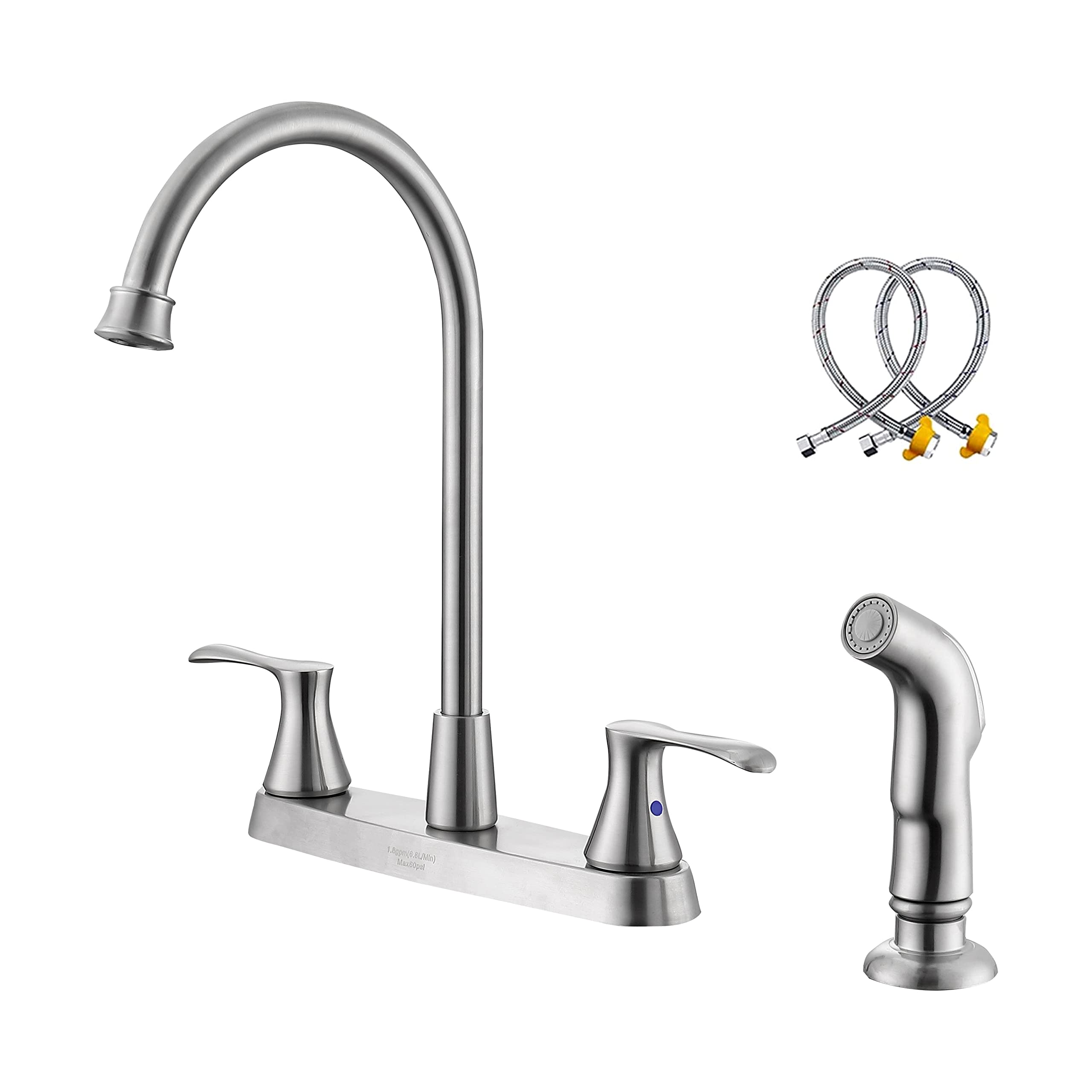 Brushed Nickel 2-Handle Kitchen Faucet with Side Sprayer - 4 Hole Mount for Sink | Perfect for Modern Kitchens, Dishwashing & Food Prep