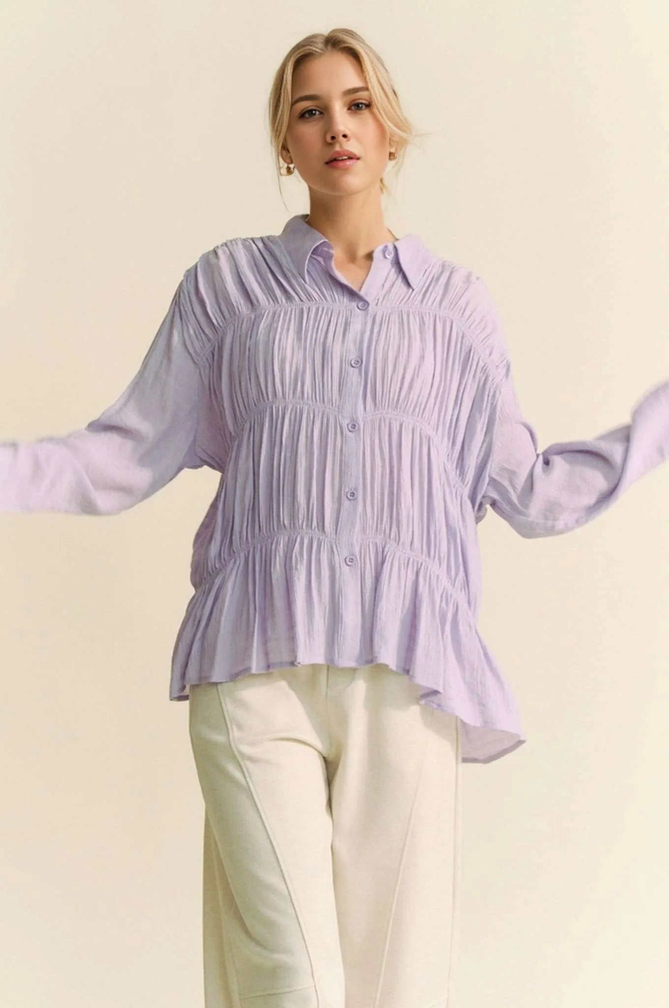 Lilac Button Front Shirt for Women - Soft & Stylish Casual Blouse with Long Sleeves - Perfect for Office, Date Night & Spring Outfits