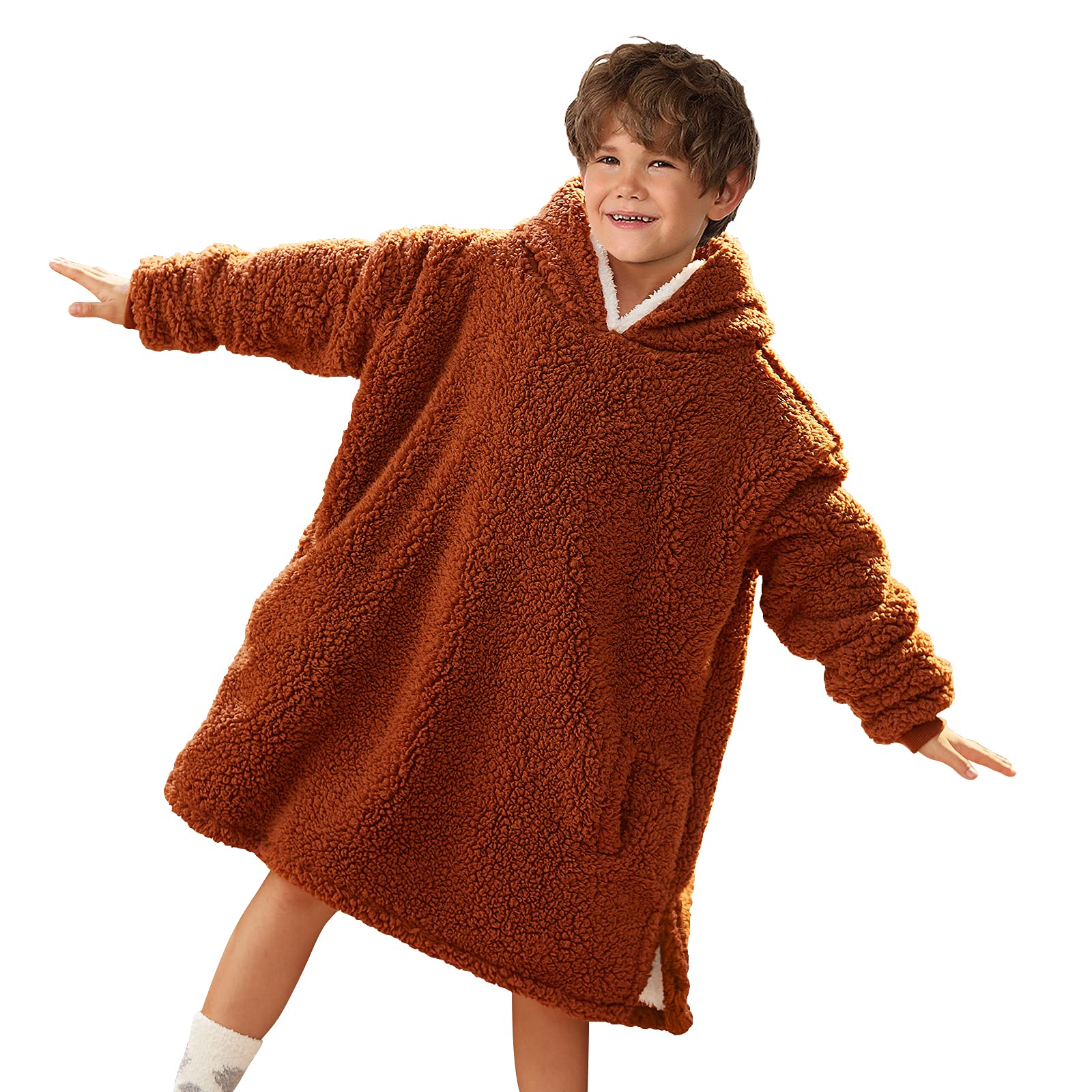 LetsFunny Oversized Hoodie Blanket - Plush Fleece Wearable Blanket with Pocket for Kids | Super Soft & Warm Hooded Sweatshirt Blanket for Boys & Girls | Perfect for Movie Nights, Camping & Lounging (Brown, One Size Fits All)