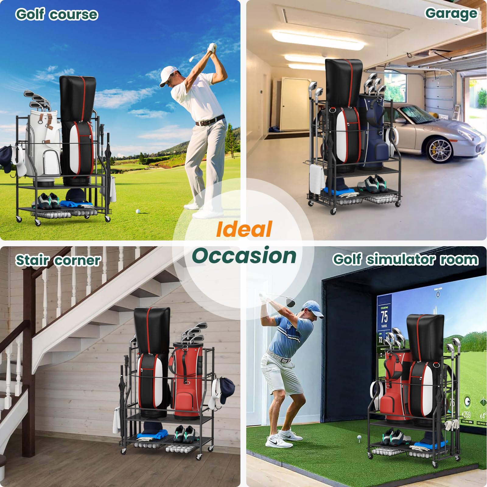 VOPEAK Golf Bag Stand & Organizer - Portable Golf Club Storage for Golf Balls & Equipment Accessories | Easy Assembly Golf Gear Organizer for Garage, Home & Golf Course Use