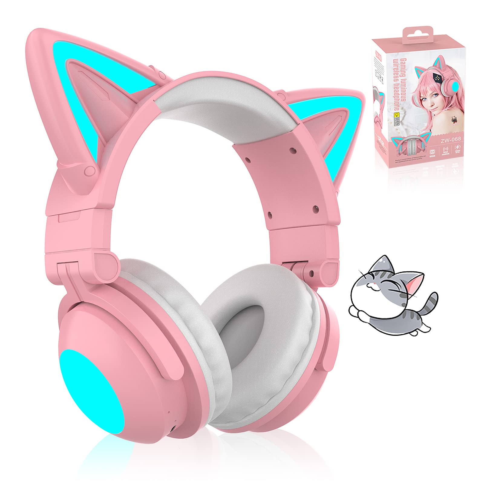 Wireless Cat Ear Headphones with LED Lights - Foldable Over-Ear Bluetooth Headset with Built-in Mic for Adults & Kids, Compatible with iPhone/Android/PC/Tablet/TV (Pink) - Perfect for Gaming, Music, Online Classes & Cosplay