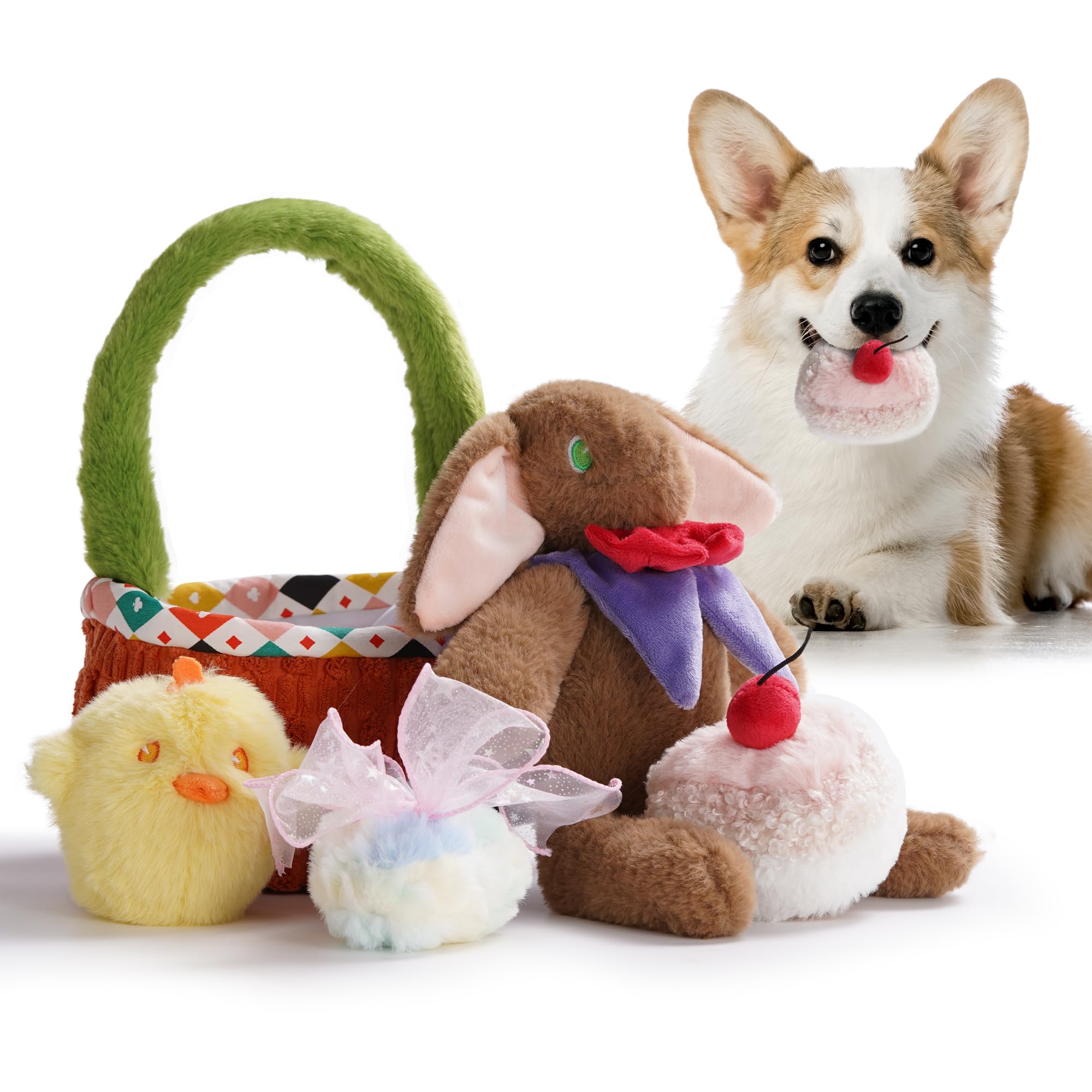 5 Pack Easter Dog Toys with Basket - Durable Plush Squeaky Toys for Small Medium Large Dogs (Rabbit, Chick, Egg & Cake Design) - Perfect for Easter Gifts & Puppy Playtime