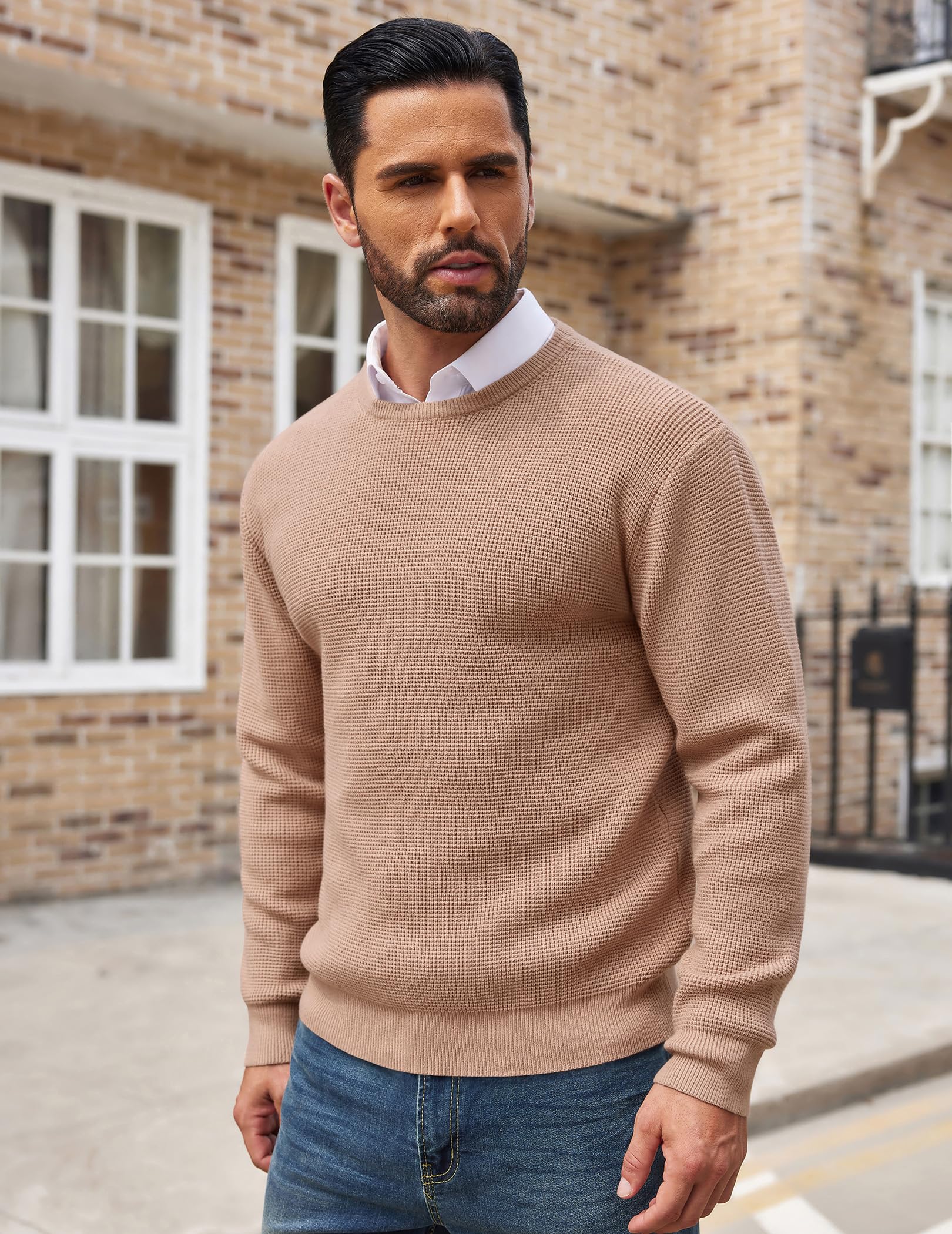 COOFANDY Men's Waffle Knit Crewneck Sweater - Soft Midweight Pullover for Casual & Layering | Fall & Winter Fashion