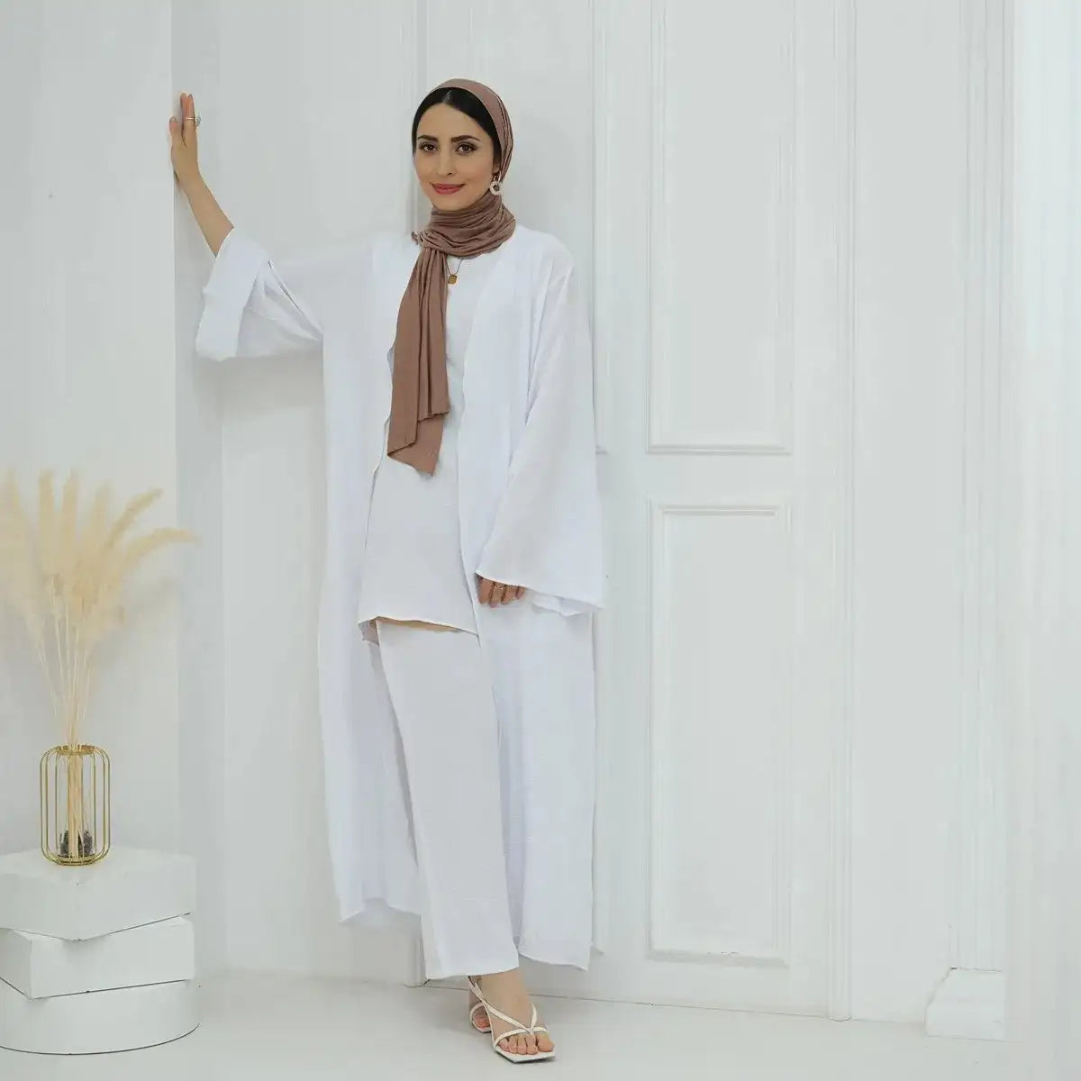 3-Piece Sleeveless Top & Pant Suit with Open Abaya Dress for Muslim Women - Modest Islamic Fashion for Prayer, Eid, Wedding & Special Occasions