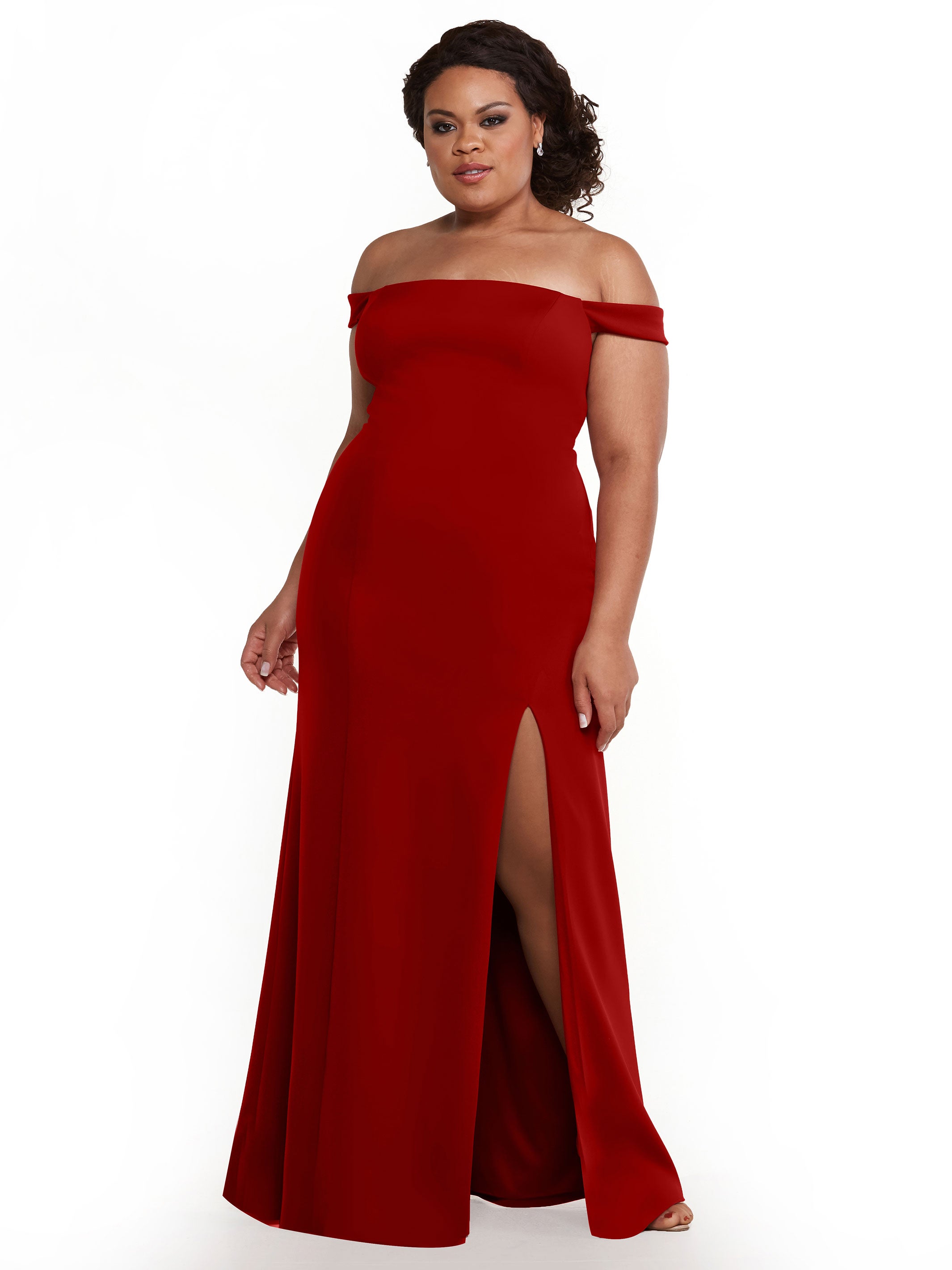 Elegant Off-the-Shoulder Double Knit Bridesmaid Dress with Thigh Slit - Perfect for Weddings, Prom & Formal Events
