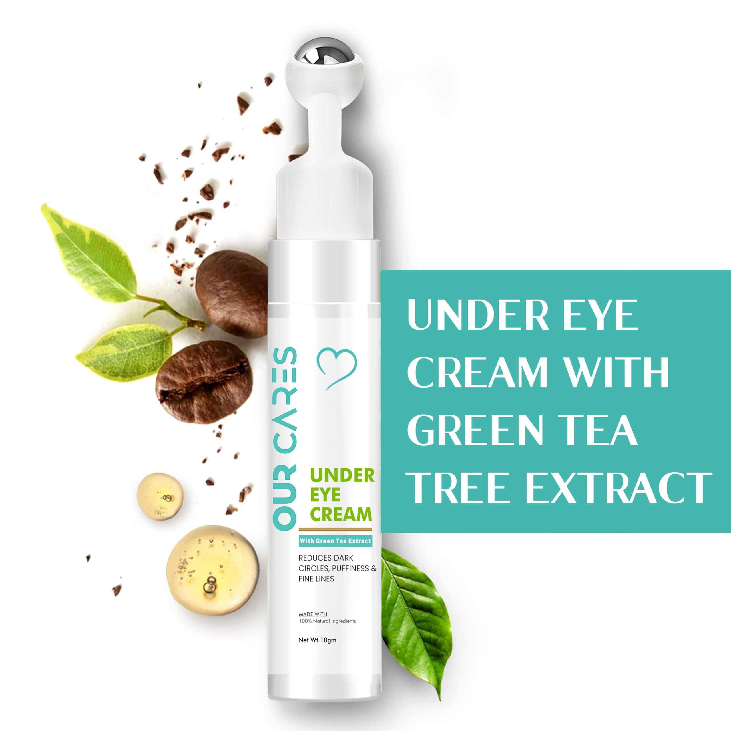 OURCARES Under Eye Cream for Dark Circles & Wrinkles - Anti-Puffiness Cooling Gel with Green Tea Extract, Niacinamide & Vitamin E - Eye Roller Massage for Refreshed Skin (10g) - Perfect for Morning Routine & Travel Skincare