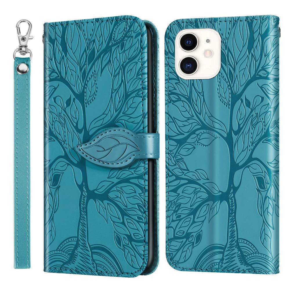 Premium PU Leather iPhone 12 Mini Wallet Case with Card Holder, Kickstand & Wrist Strap - Magnetic Closure Shockproof Flip Cover for iPhone 12 Mini (5.4 Inch) - Life Tree Blue RX - Perfect for Daily Use, Travel & Hands-Free Viewing