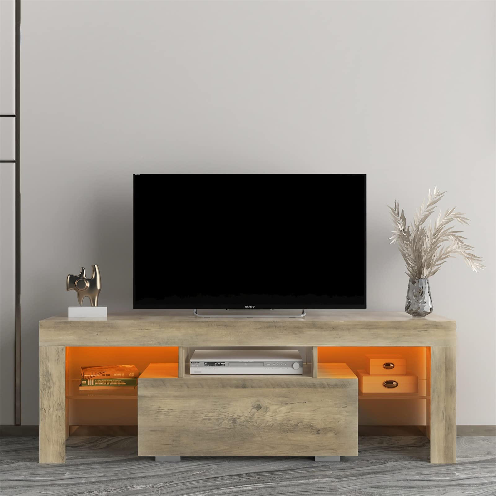 Holaki 55-inch TV Stand with LED RGB Lights - Modern Entertainment Center with Adjustable LED Lighting, 2 Shelves & Storage Drawer - Oak Wood Media Console for Living Room, Bedroom & Home Theater Setup