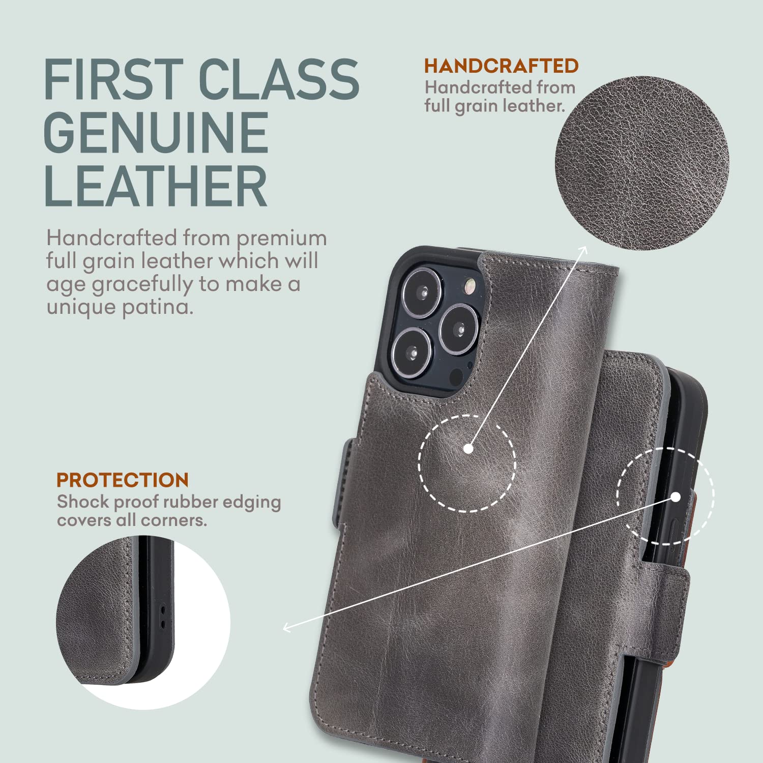 Bayelon Premium Full Grain Leather Wallet Case for iPhone 13 Pro Max - Magnetic Folio Flip Cover with Card Slots & MagSafe Compatibility (Smoked Black) | Perfect for Business, Travel & Everyday Protection