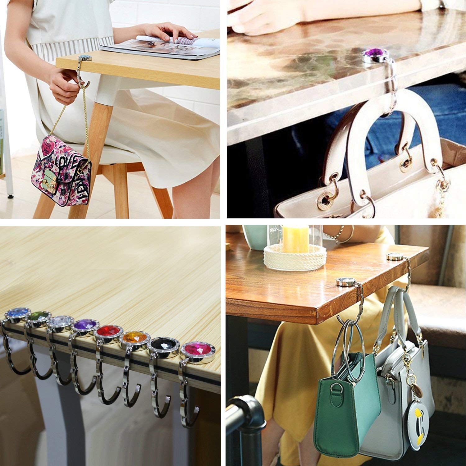 Foldable Purse Hooks - 12 Pack Crystal Diamond Handbag Hangers for Restaurants, Tables & Counters - Durable Bag Holder for Women's Purses, Totes & Shopping Bags