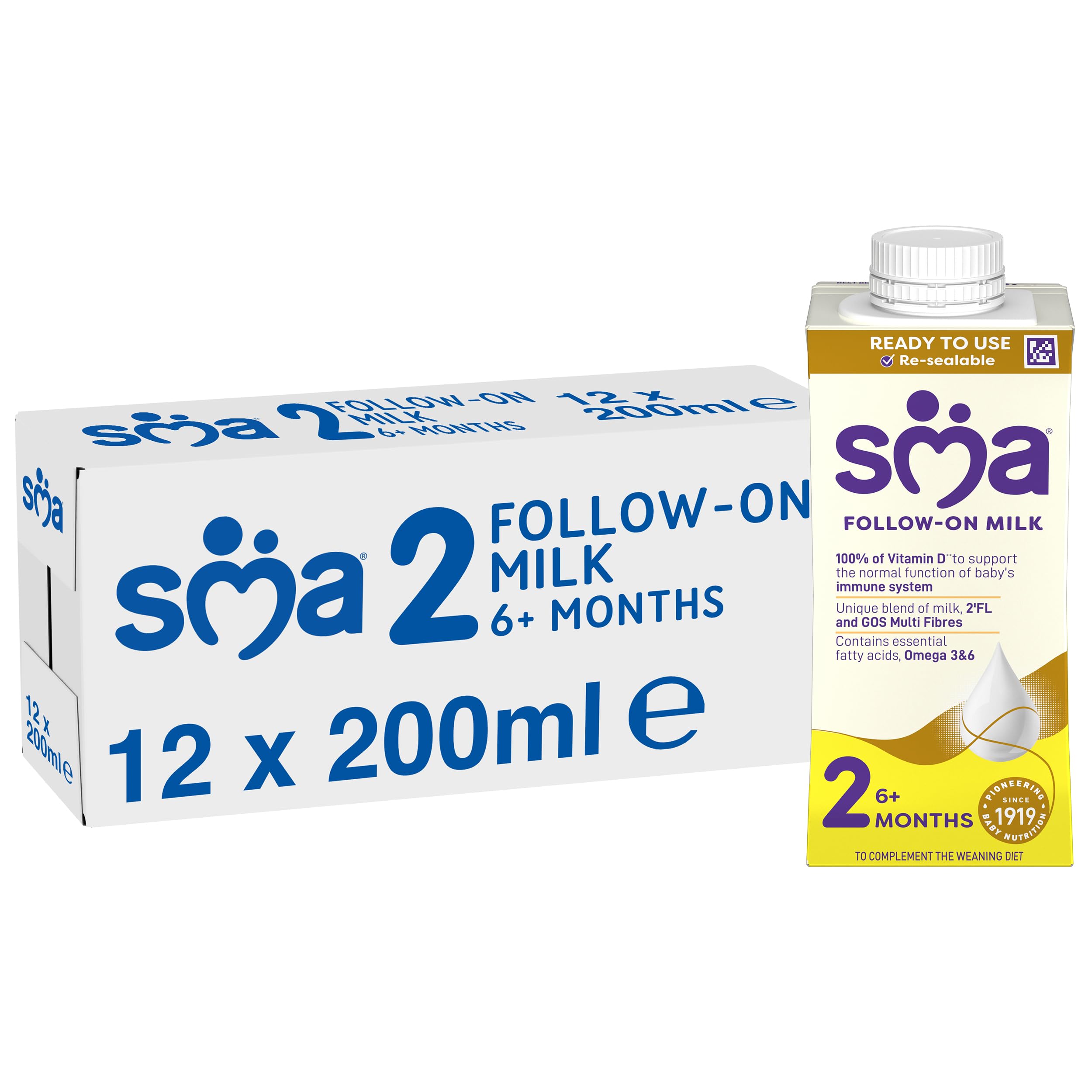 SMA PRO Follow On Baby Milk Formula - Ready to Drink for Infants 6 Months and Up - 200ml (Pack of 12) - Perfect for On-the-Go Feeding, Travel & Daycare Nutrition