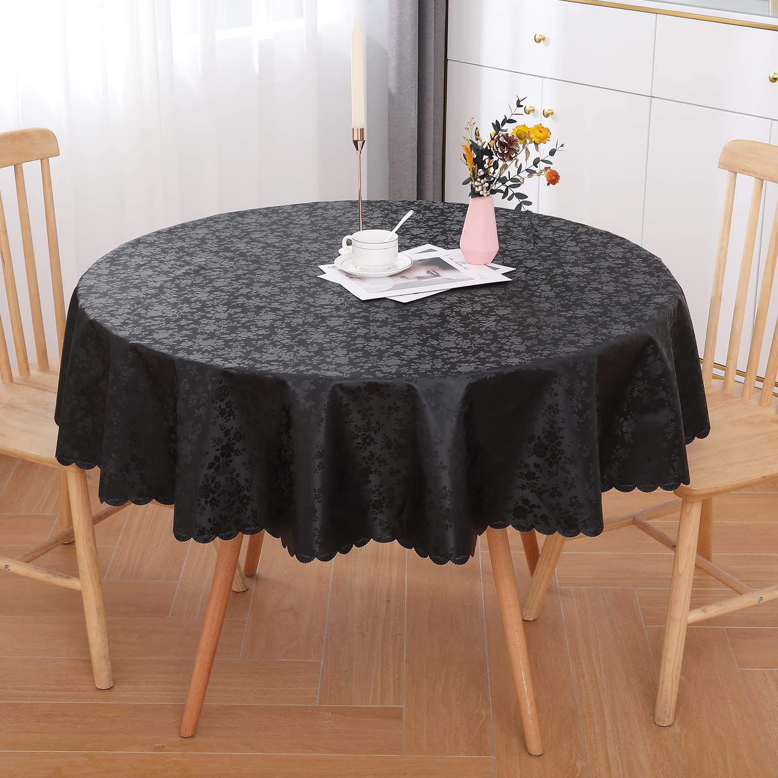 Waterproof Heavy Duty Vinyl Wipeable Washable 60 x 60 Inch Black Tablecloth for Kitchen and Dining Room