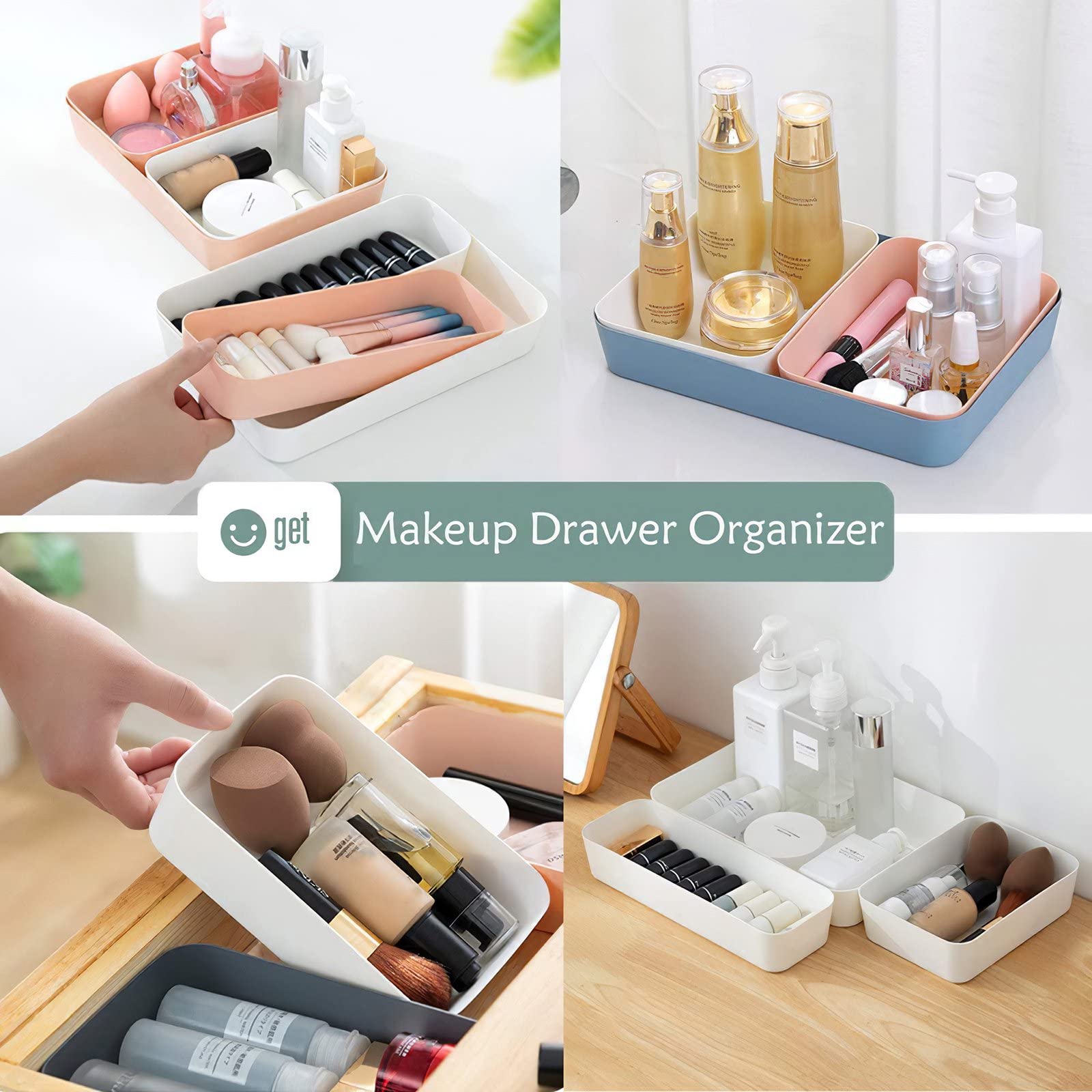 12-Piece Plastic Drawer Organizer Set - Vanity Storage Bins & Trays with Dividers for Makeup, Office, Bathroom, Dresser & Kitchen - Pink (39289) | Perfect for Clutter-Free Organization at Home & Work