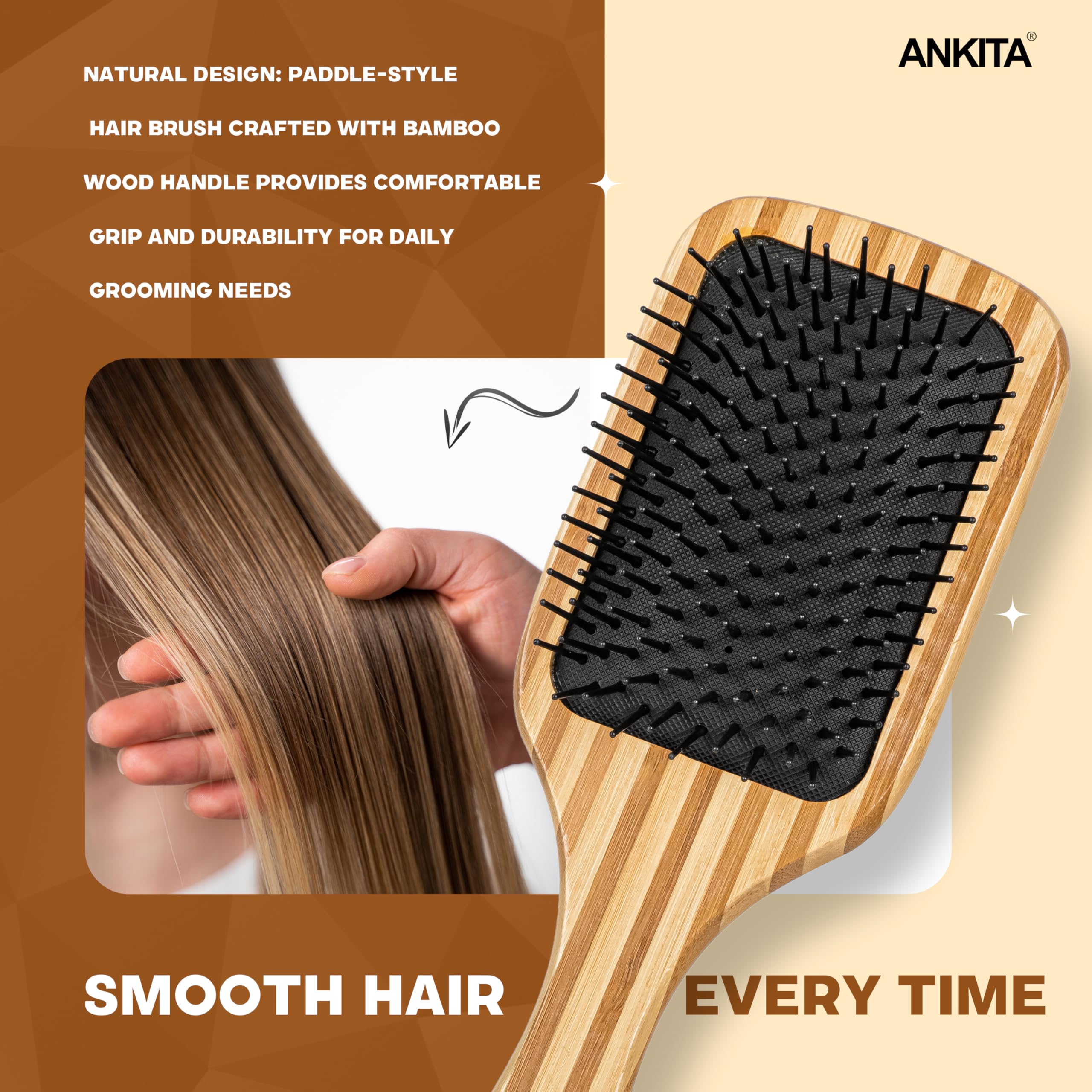 Ankita Bamboo Wood Paddle Hair Brush with Nylon Bristles - Strong & Flexible Soft Bristles for Grooming, Straightening, Smoothing & Detangling Hair - Ideal for Men & Women (A24) | Perfect for Daily Hair Care, Salon Styling & Travel Essentials