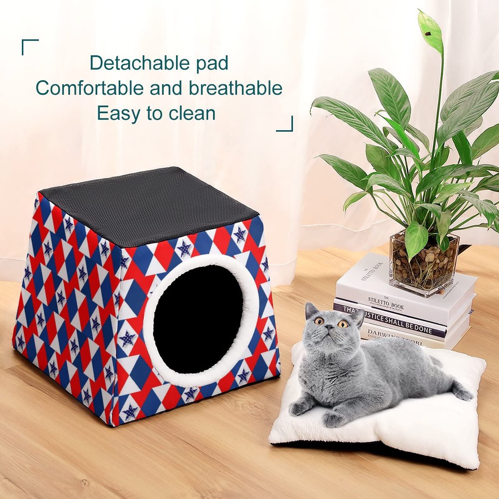 Printed Pet House for Cats & Small Dogs - Indoor Cat Bed, Outdoor Cat Cube Condo with Five-Pointed Star Flag - Cozy Pet Sofa for Home, Apartment, or Garden Use