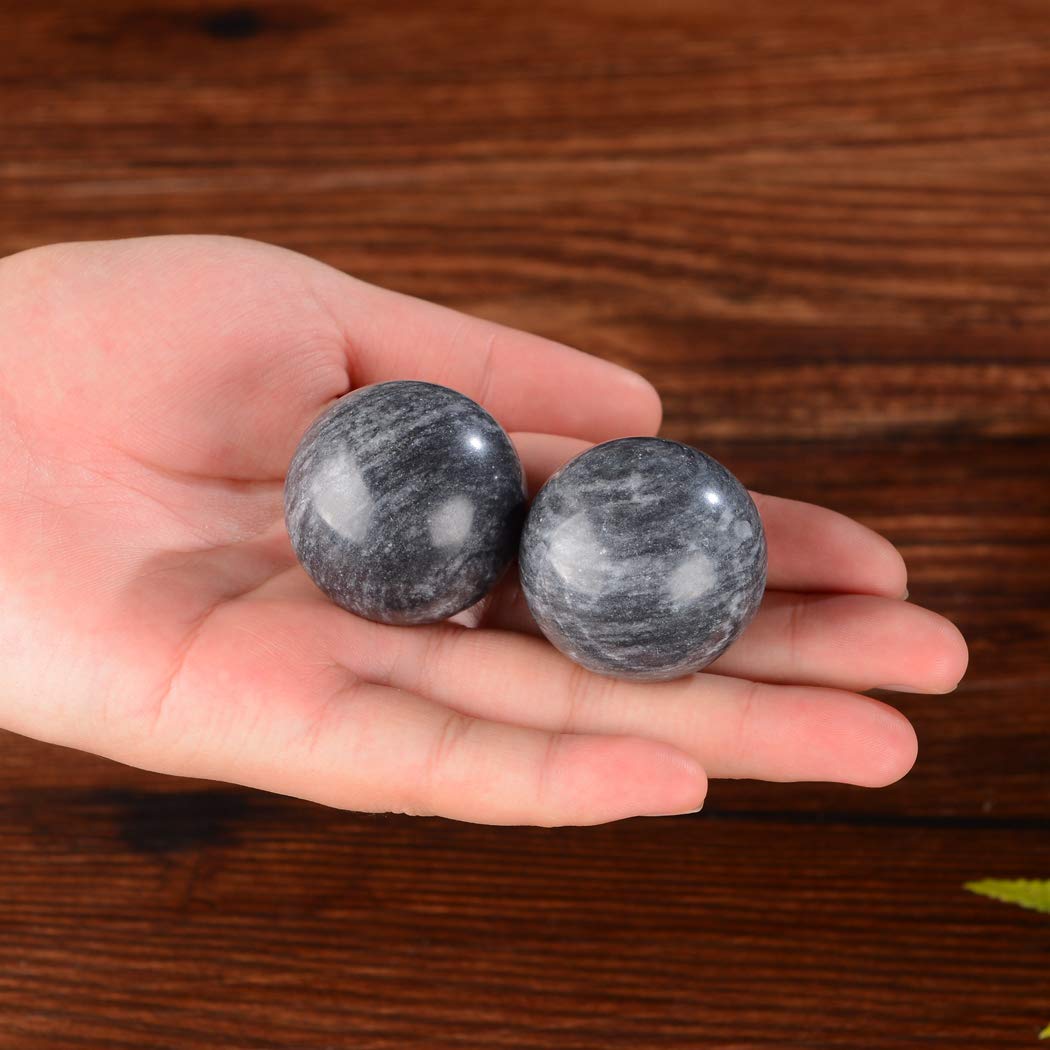BRABUD 1.4 Inch Dark Grey Marble Chinese Baoding Balls - Hand Exercise Stress Relief Balls for Meditation, Therapy & Relaxation - Traditional Health Massage Balls (Set of 2, Bag-Packed) - Perfect for Office, Home & Travel Use