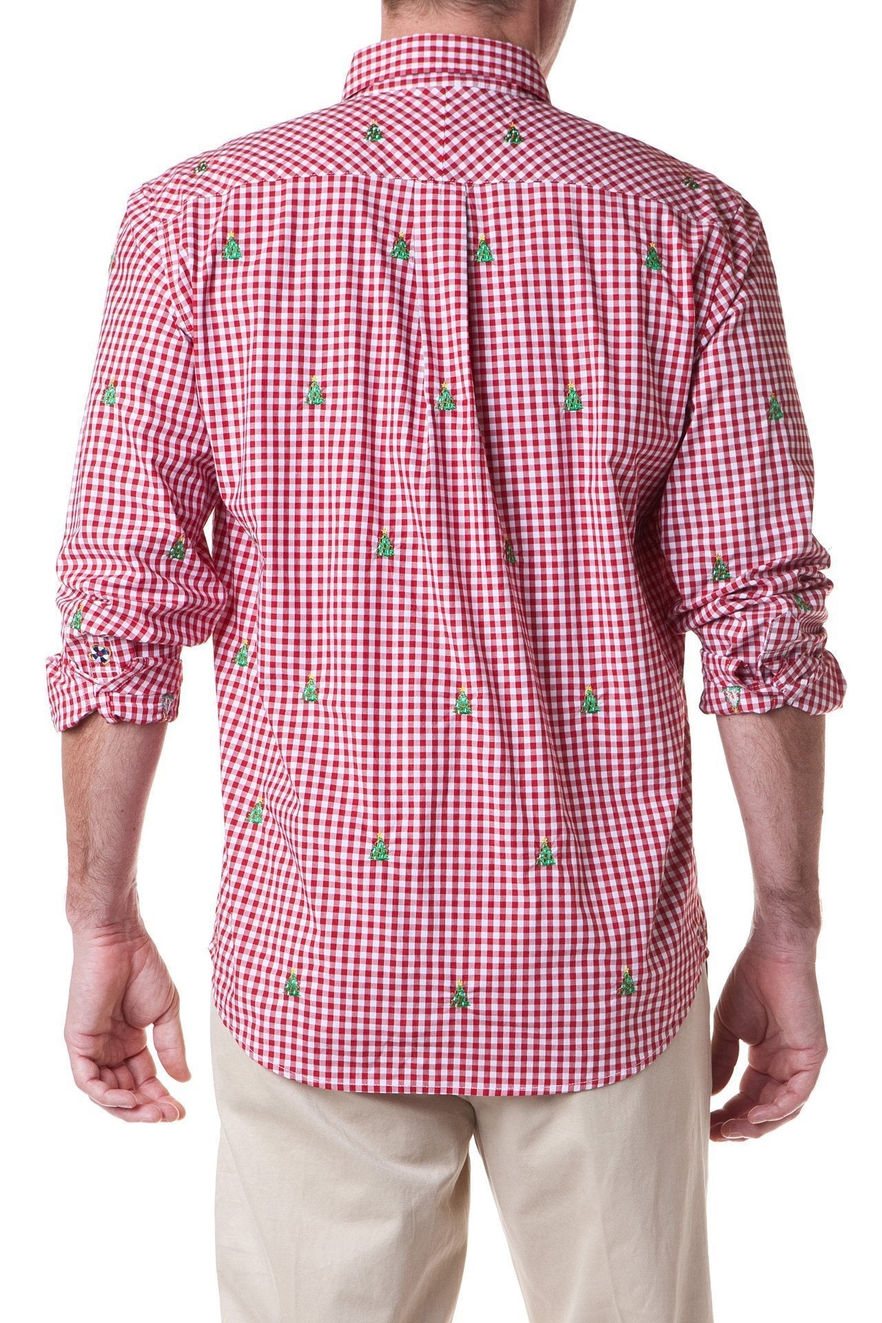 Straight Wharf Red Gingham Shirt with Christmas Tree Print - Casual Holiday Button Down for Men, Perfect for Christmas Parties & Festive Gatherings