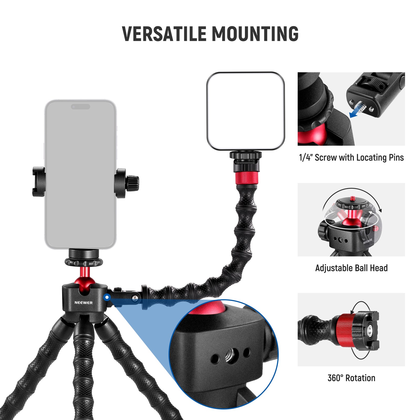 NEEWER T91 Flexible Tripod with Two Magic Arms - Adjustable Camera Stand for DSLR, Smartphone, and GoPro - Perfect for Vlogging, Photography, and Live Streaming
