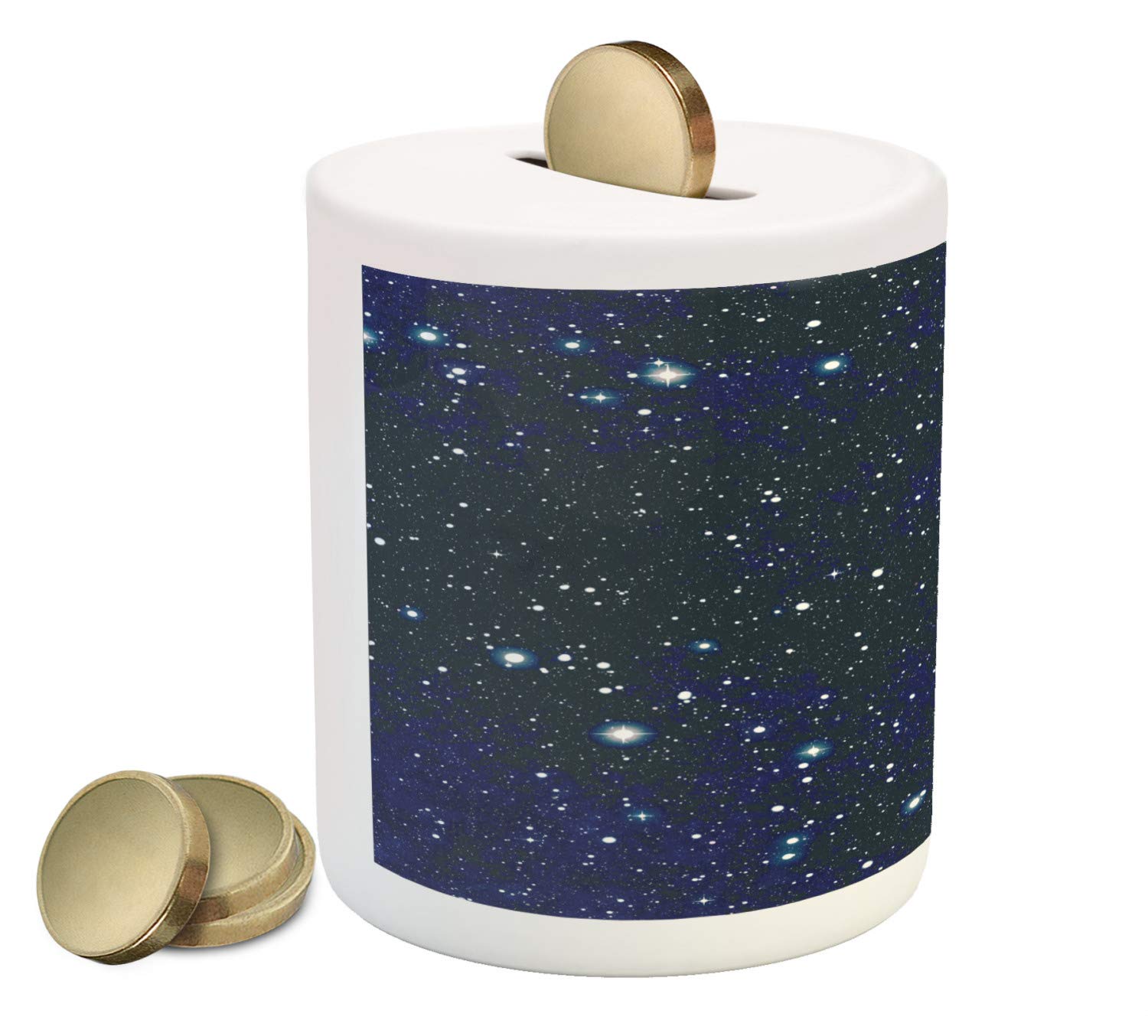 Ambesonne Ceramic Piggy Bank - Abstract Night Sky with Dots Design, Dark Blue & White Money Box for Cash Savings | Perfect for Kids' Room Decor, Teen Gift Idea & Coin Collection Storage