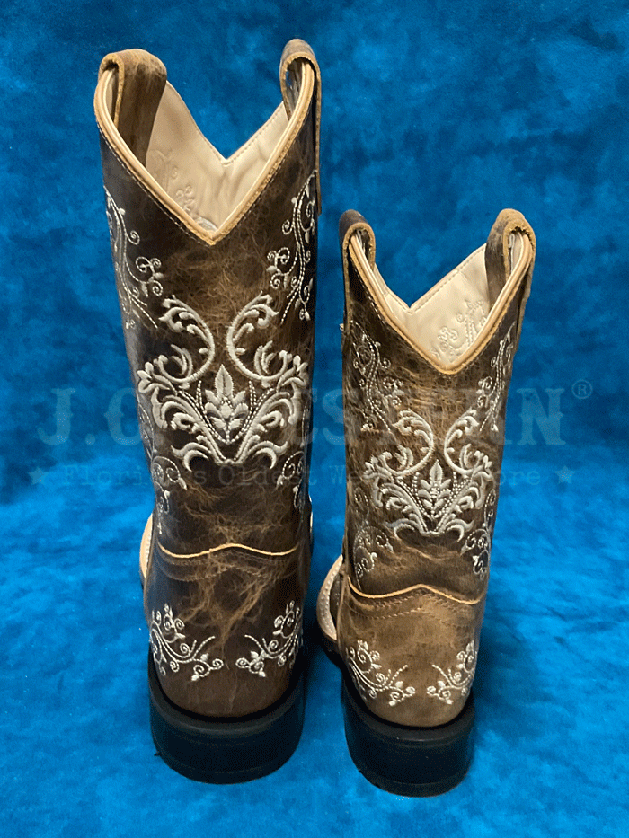 Old West 1958 Kids Embroidered Square Toe Western Boots - Brown Leather Cowboy Boots for Boys & Girls - Perfect for Rodeo, Country Dance & Western Themed Parties