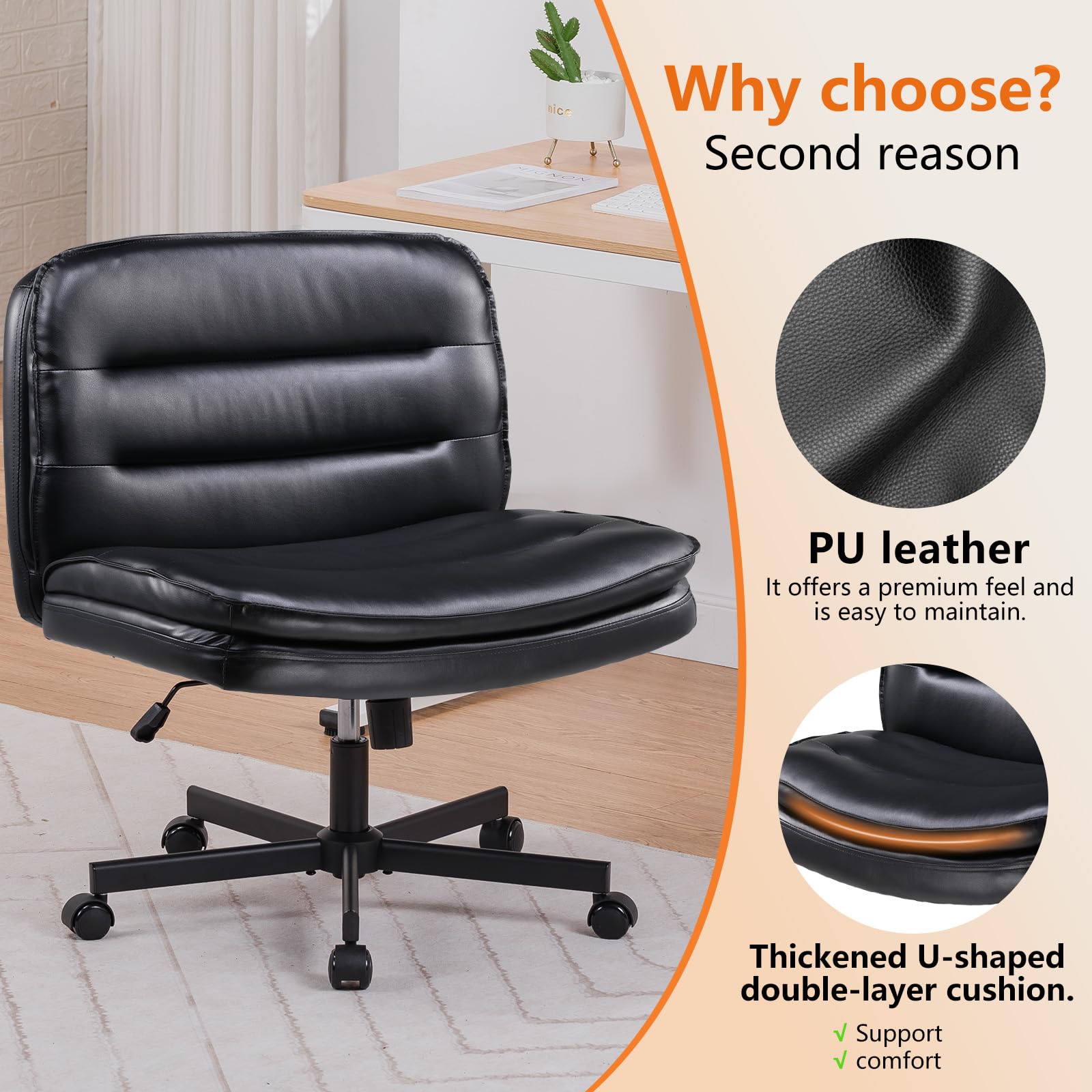 Criss Cross Legged Office Chair with Wheels - Armless Swivel Desk Chair, Wide Seat & Height Adjustable Mid Back - Perfect for Home Office, Computer Work & Vanity Desks