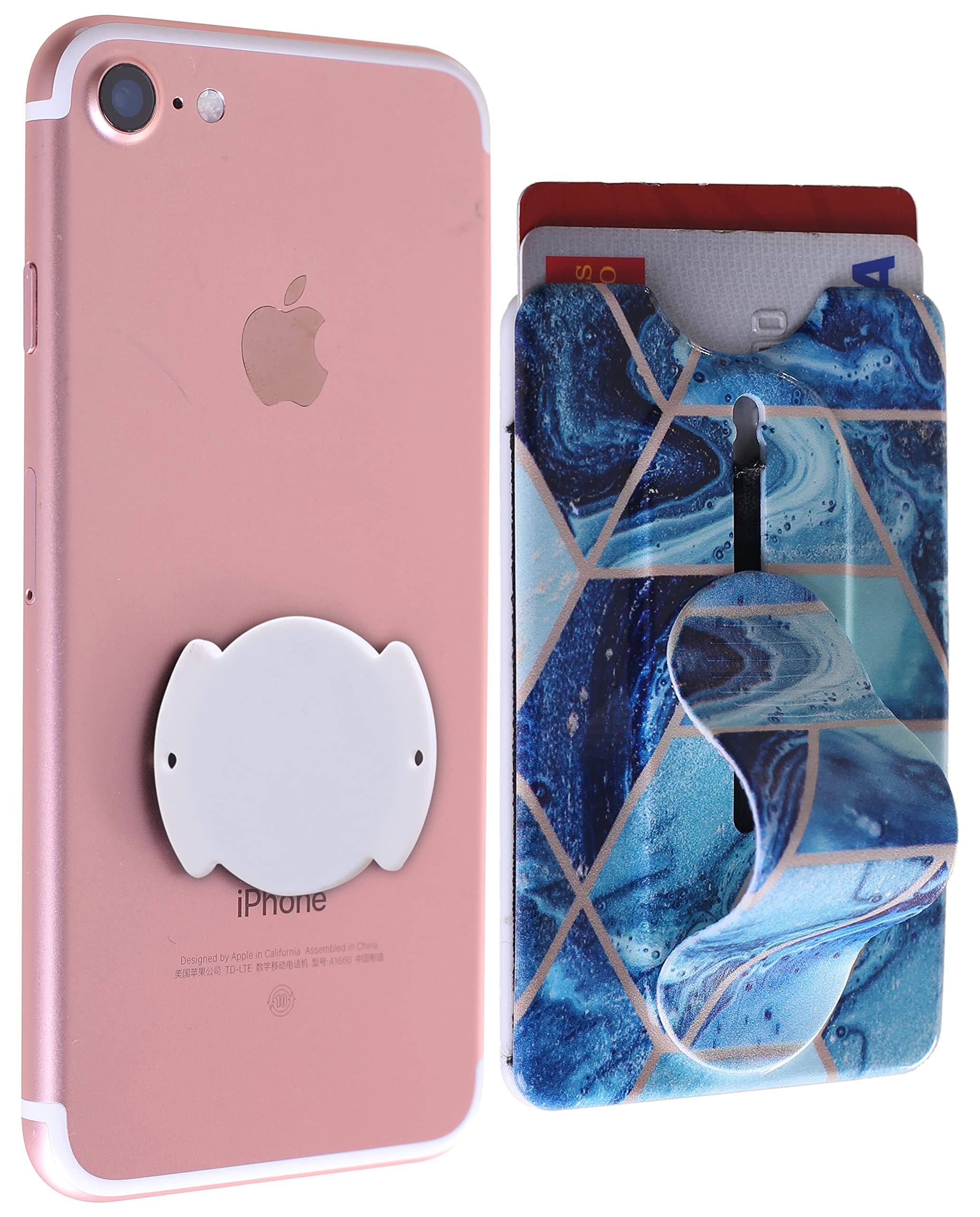 Detachable Phone Wallet with Kickstand & Finger Grip - Wireless Charging Compatible for iPhone & Smartphones (Blue Marble) - Perfect for Selfies, Hands-Free Viewing & On-the-Go Charging