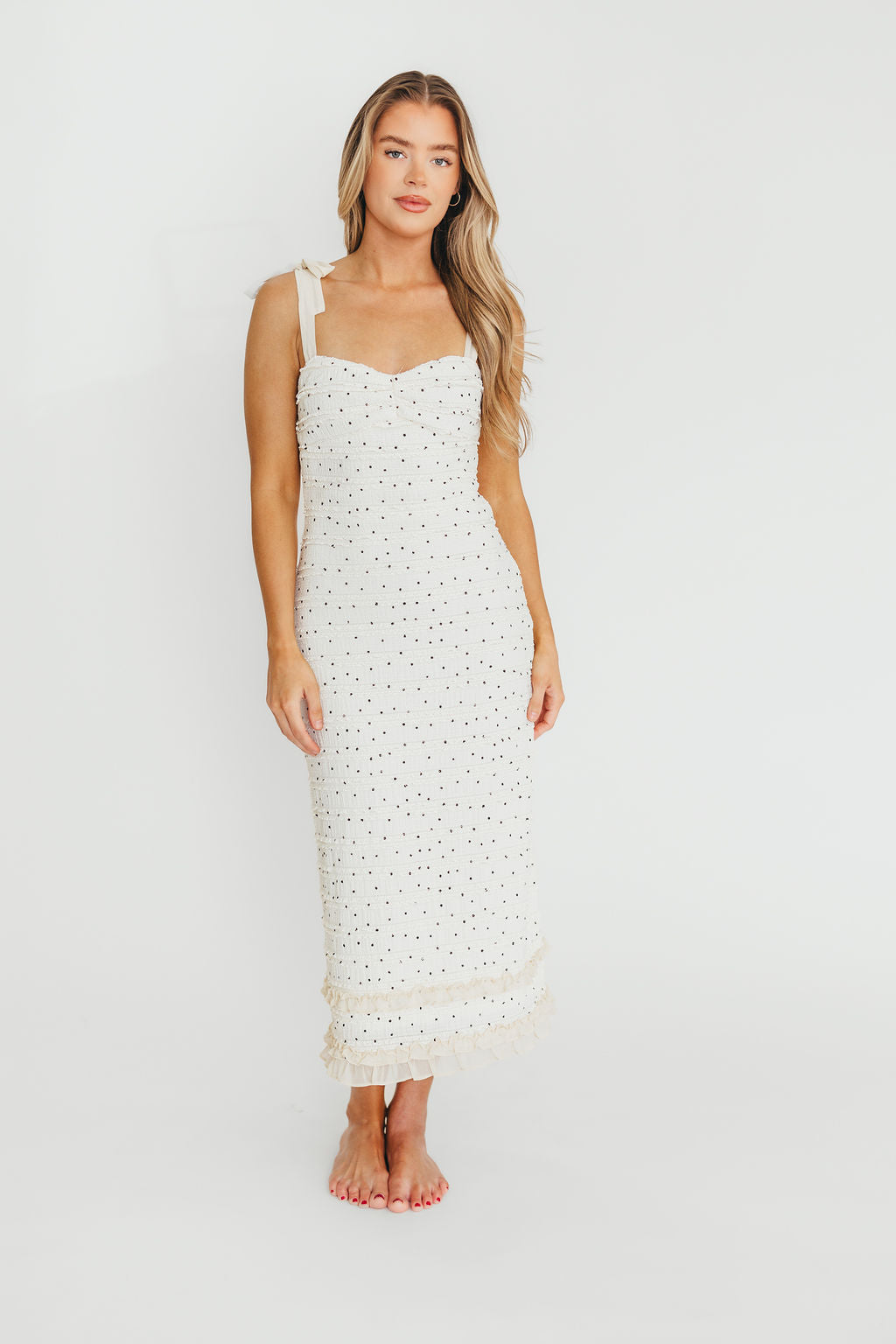 Maddie Tie Strap Ruffled Midi Dress for Women - Elegant Ivory Floral Summer Dress with Adjustable Straps | Perfect for Weddings, Parties & Date Nights