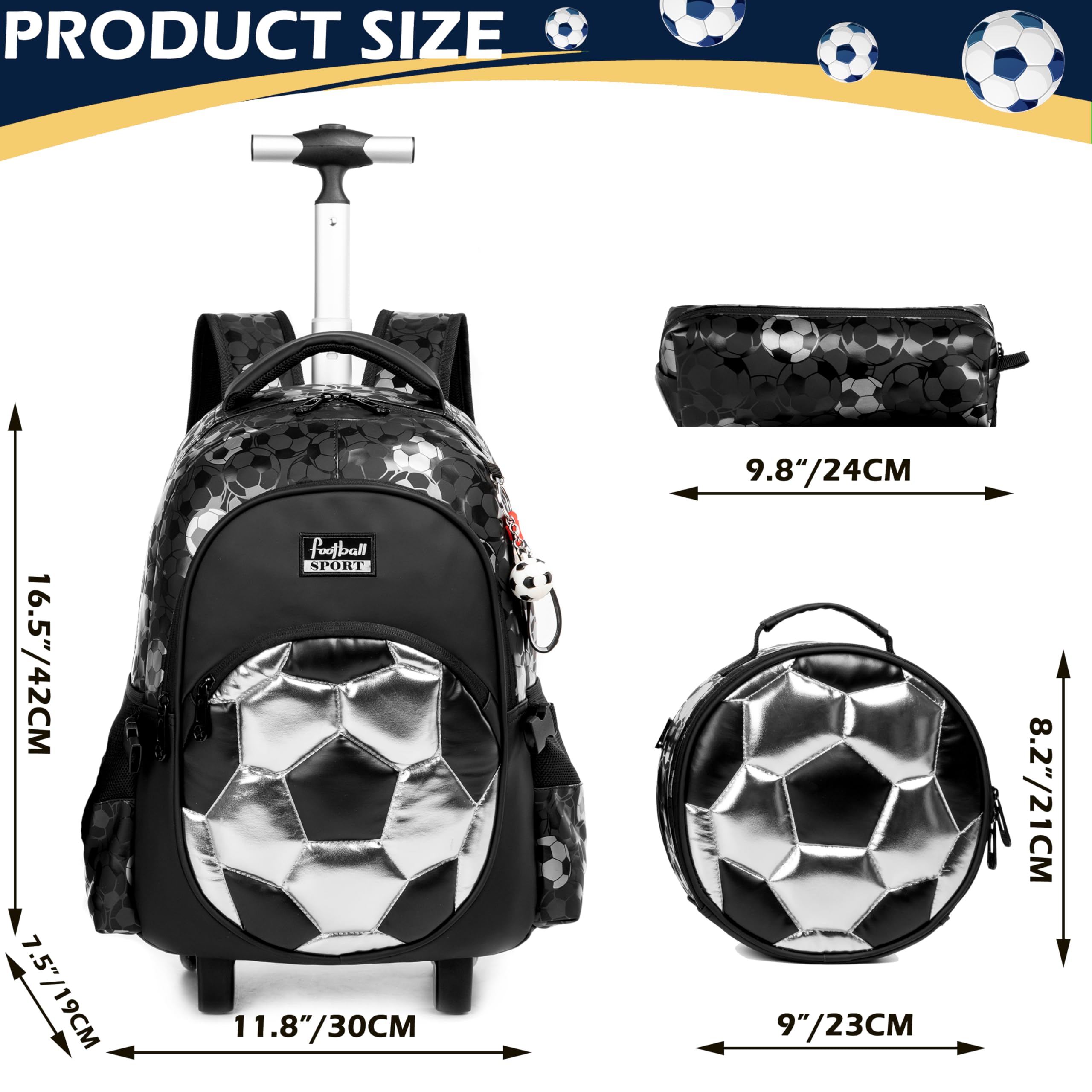 Meetbelify Rolling Backpack with Wheels for Boys - School Backpack with Lunch Box & Pencil Case for Elementary Students (Ages 6-8) - Kids Travel Suitcase for Football Games, Field Trips & Airplane Carry-On