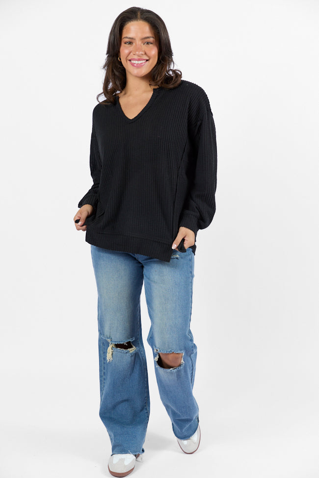 Stylish Black Brushed Waffle Knit Oversized Sweater Top for Women | Cozy Winter Fashion | Perfect for Casual Outings, Date Nights & Layering
