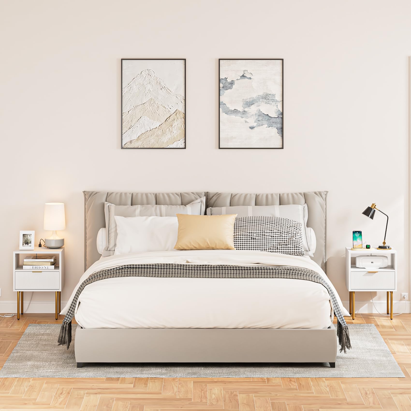 Modern White Nightstand with Charging Station & Gold Frame - Small Bedside Table with Drawer & Shelf - Elegant End Table for Bedroom & Living Room - Perfect for Phone Charging, Reading Light & Bedside Storage