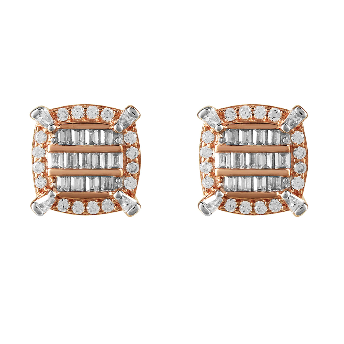 Rose Gold Baguette Icy Square Prong .925 Sterling Silver Screw Back Earrings for Women - Elegant Cubic Zirconia Stud Earrings for Parties, Weddings & Everyday Wear