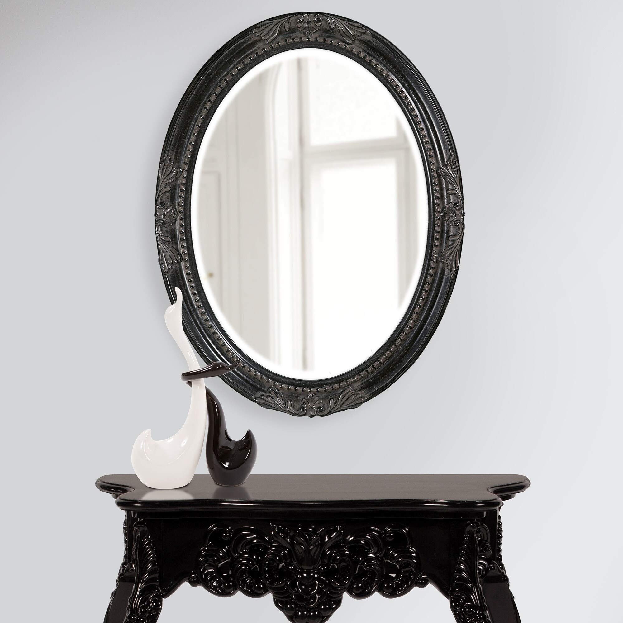 Antique Black Oval Wall Mirror - Queen Ann Style with Beveled Glass & Included Hooks | Elegant Home Decor for Living Room, Bedroom, or Entryway