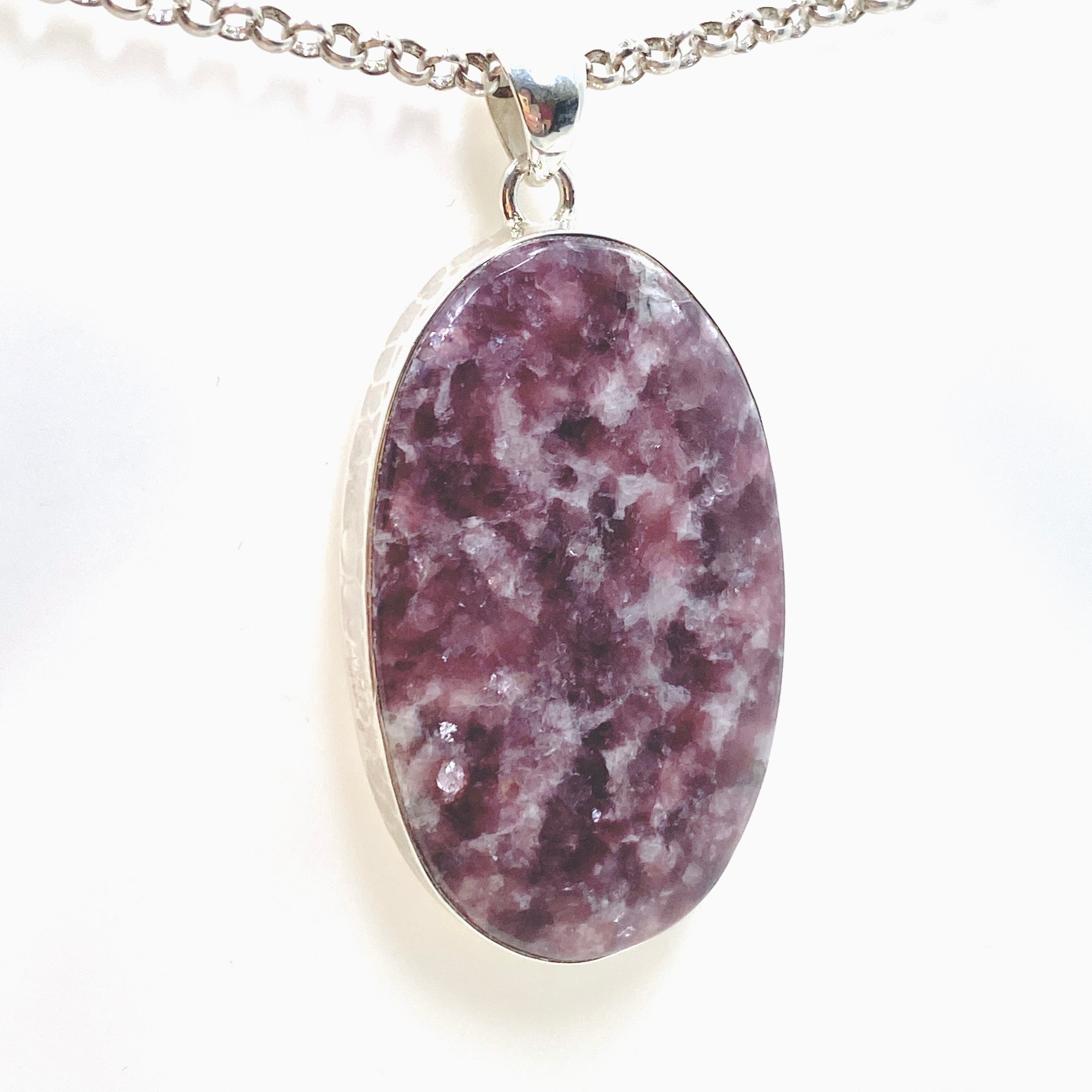 Natural Lepidolite Oval Cabochon Pendant with Hammered Sterling Silver Setting - Healing Crystal Jewelry for Stress Relief & Emotional Balance | Perfect for Meditation, Yoga & Spiritual Practices