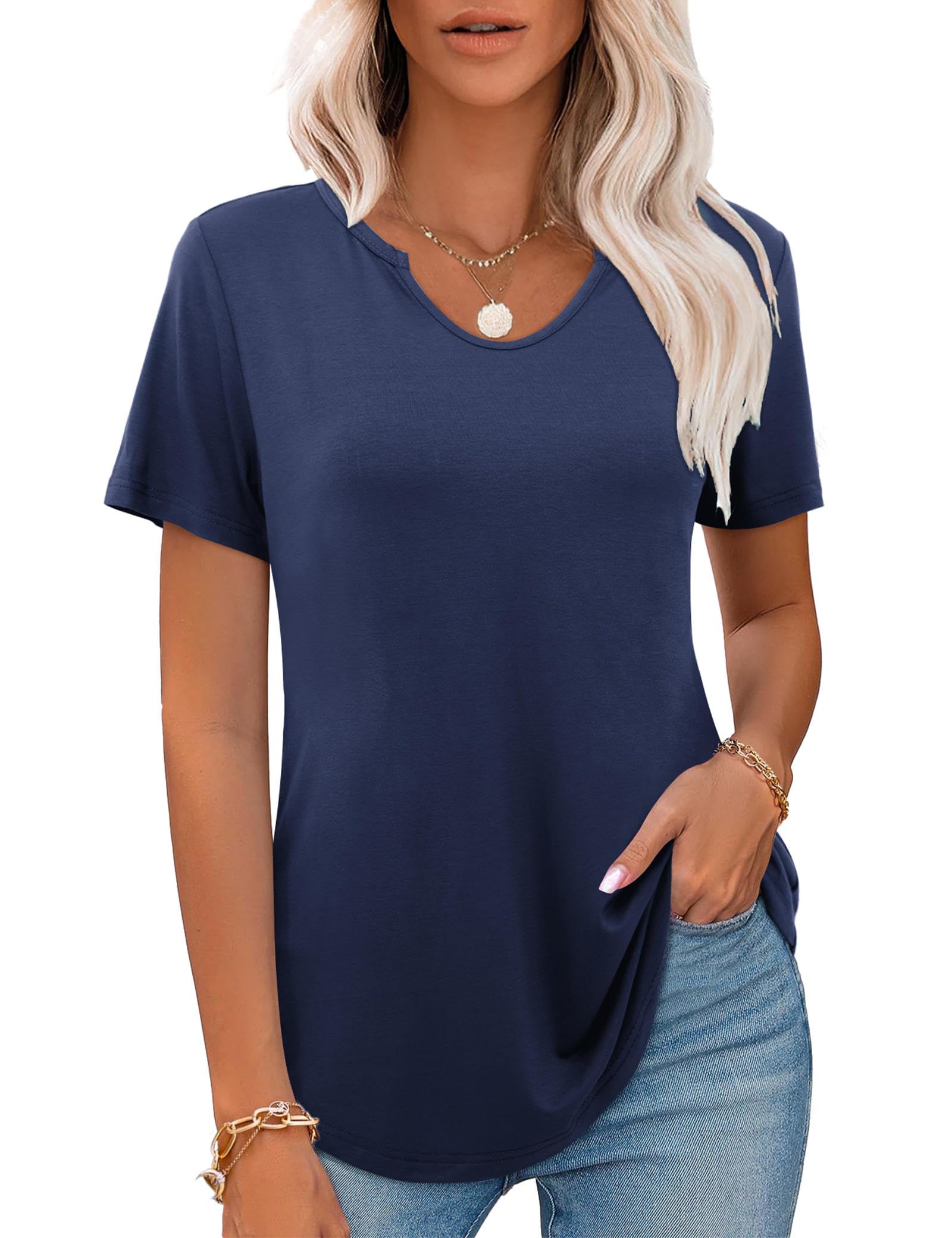 Florboom Women's Summer Short Sleeve V-Neck T-Shirt - Casual Loose Fit Basic Tee | Trendy 2024 Tunic Top for Beach, Travel & Everyday Wear