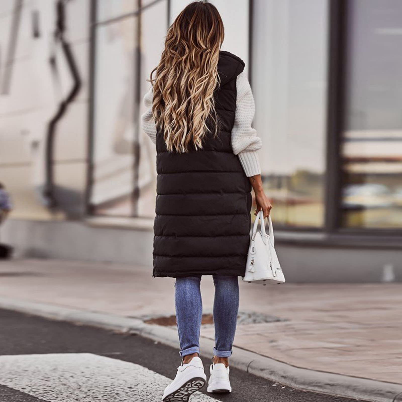 Women's Long Puffer Vest Jacket - Sleeveless Winter Coat with Zip Up Hoodie & Pockets | Thickened Warm Windbreaker for Outdoor Activities | Warehouse Clearance Open Box Deals