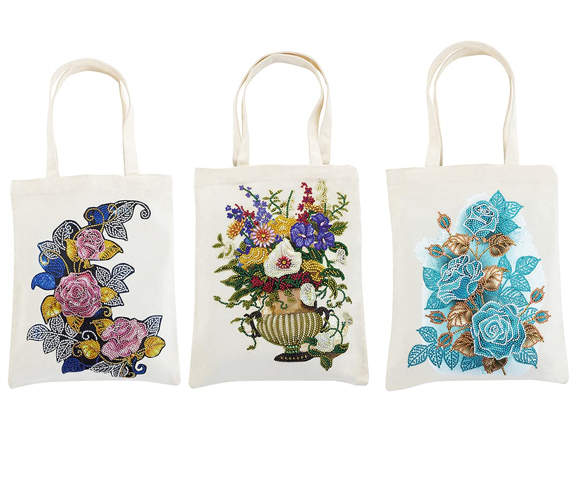 CaptainCrafts DIY 5D Diamond Painting Tote Bag - Reusable Foldable Canvas Storage Bag for Diamond Art Kits | 3-Piece Flower Design Handmade Craft Gift for Women (Perfect for Home Decor, Travel & Art Projects)