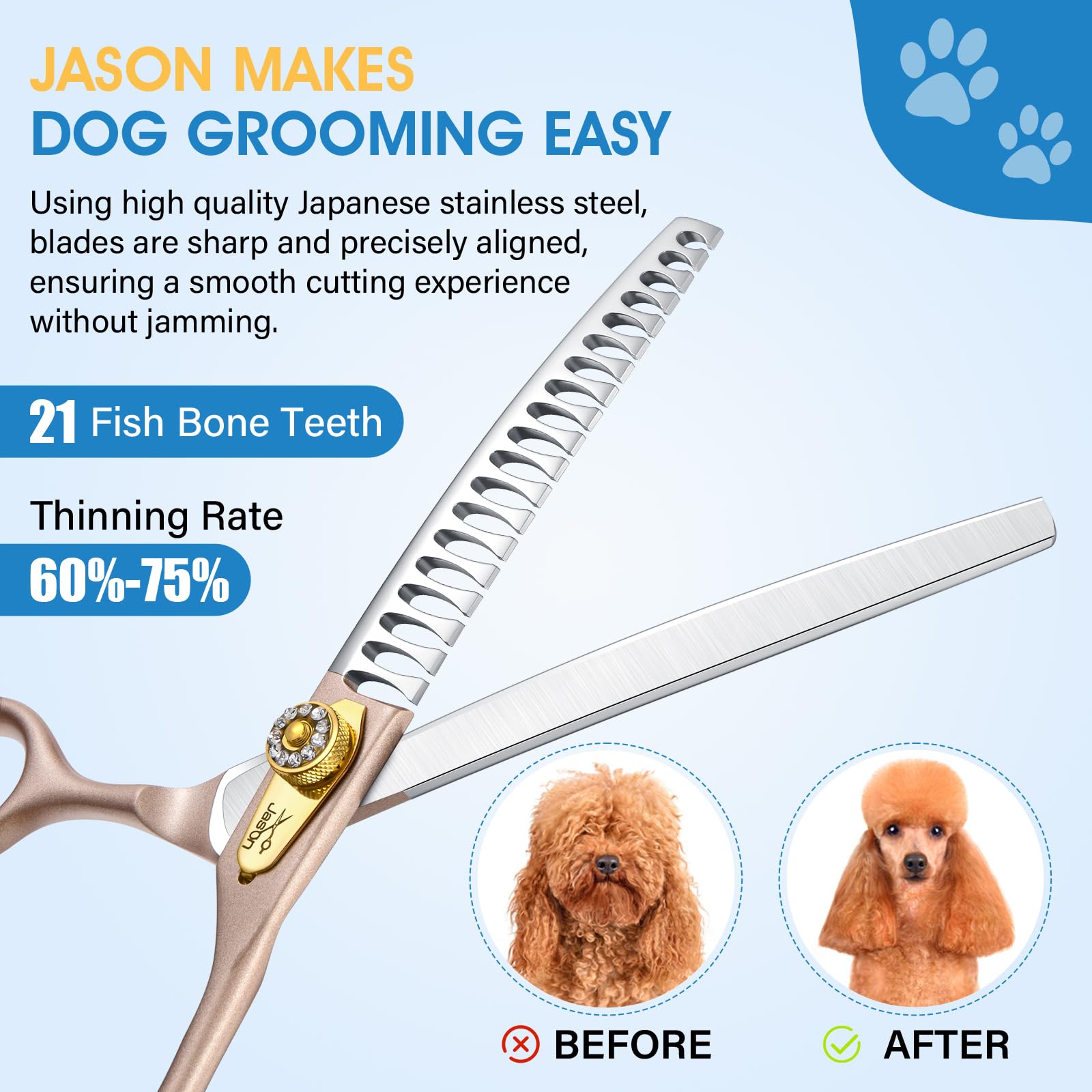 JASON Professional 7 Inch Curved Chunker Shears - Japanese 440C Stainless Steel Dog Grooming Scissors with 21 Fishbone Teeth & Diamond Screw (Rose Gold) - Perfect for Professional Pet Grooming, Styling, and Trimming Thick Dog Coat