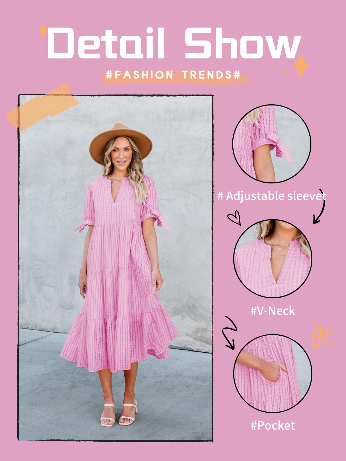 Theenkoln Women's Casual Midi Dress - Short Sleeve V-Neck Empire Waist Gingham Print Summer Dress for Spring/Summer, Beach, Party & Office Wear | Trendy Tiered Formal Dress for Women