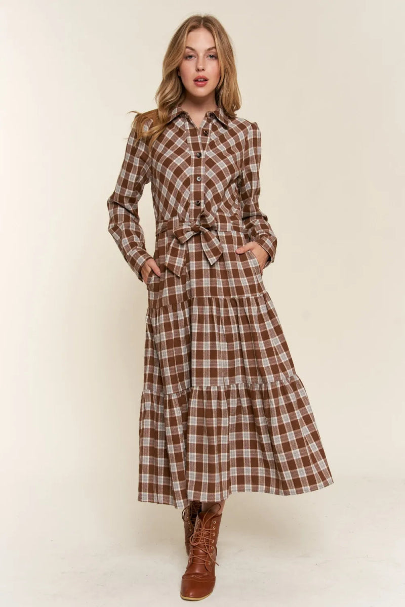 Stylish Plaid Tiered Midi Shirt Dress for Women - Perfect for Office, Date Night & Casual Outings