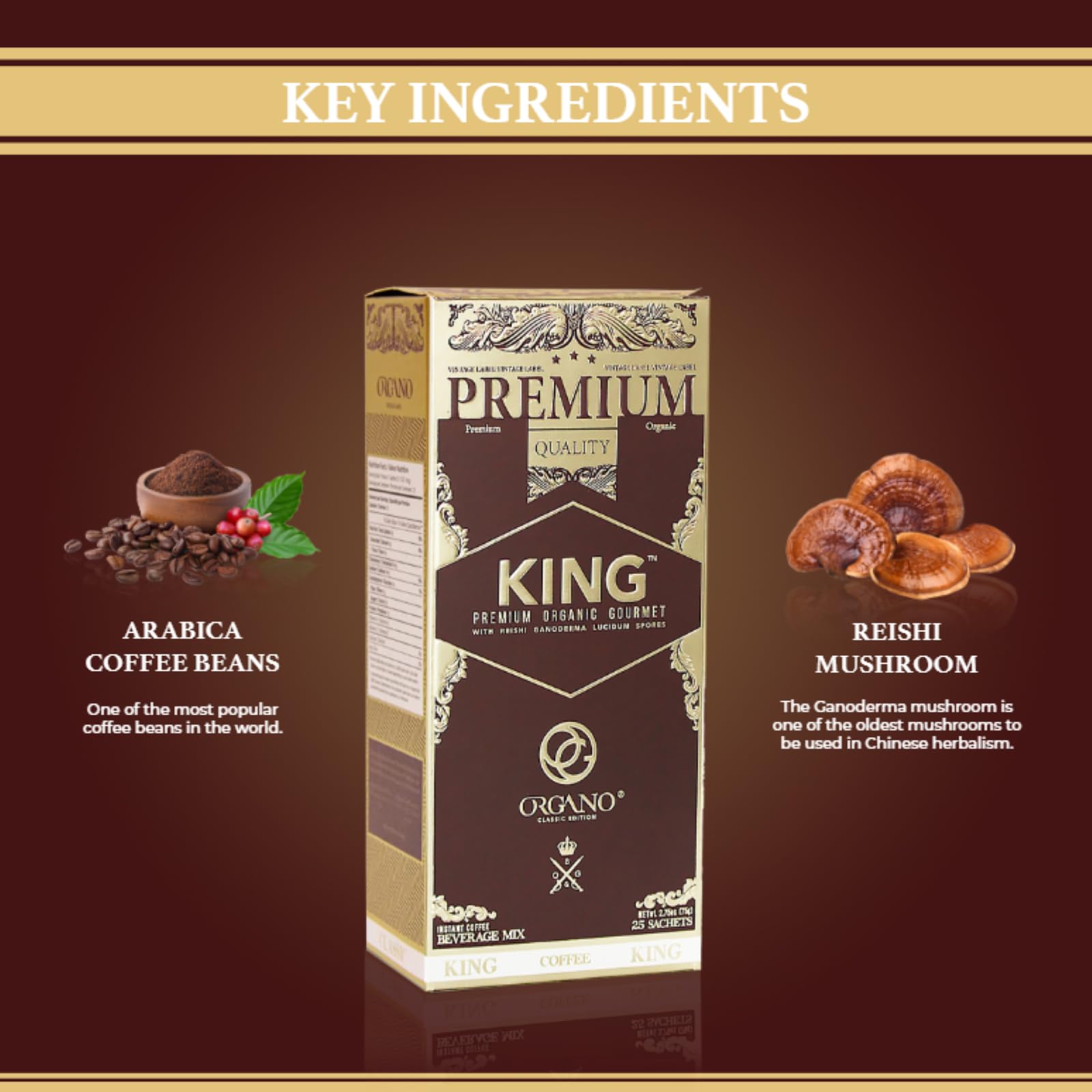 Organic Ganoderma Lucidum Coffee - 2 Boxes (50 Sachets) | 100% Certified Reishi Mushroom Coffee | Energy Boost & Immune Support for Busy Professionals & Students