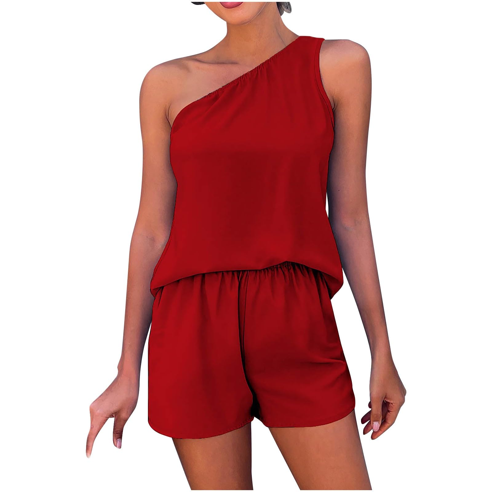 Women's 2-Piece Outfits - Sexy One Shoulder Top & Shorts Set for Summer Lounge