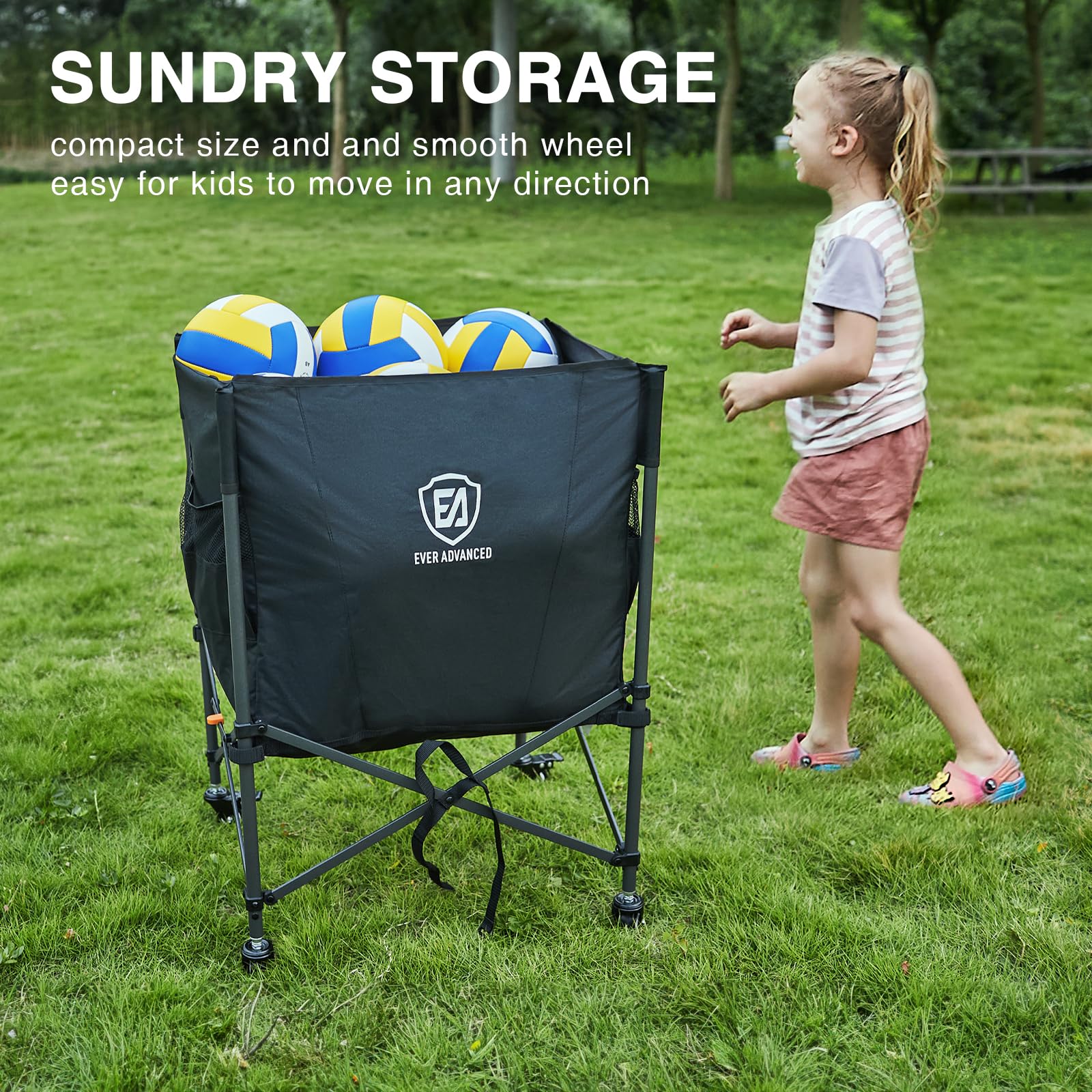 EVER ADVANCED Rolling Ball Storage Cart with Lockable Wheels - 33 x 22.8 Inch Collapsible Sports Equipment Organizer for Volleyball, Basketball, Tennis & Toys - Perfect for Garage, Gym, Playroom & Family Sports Storage