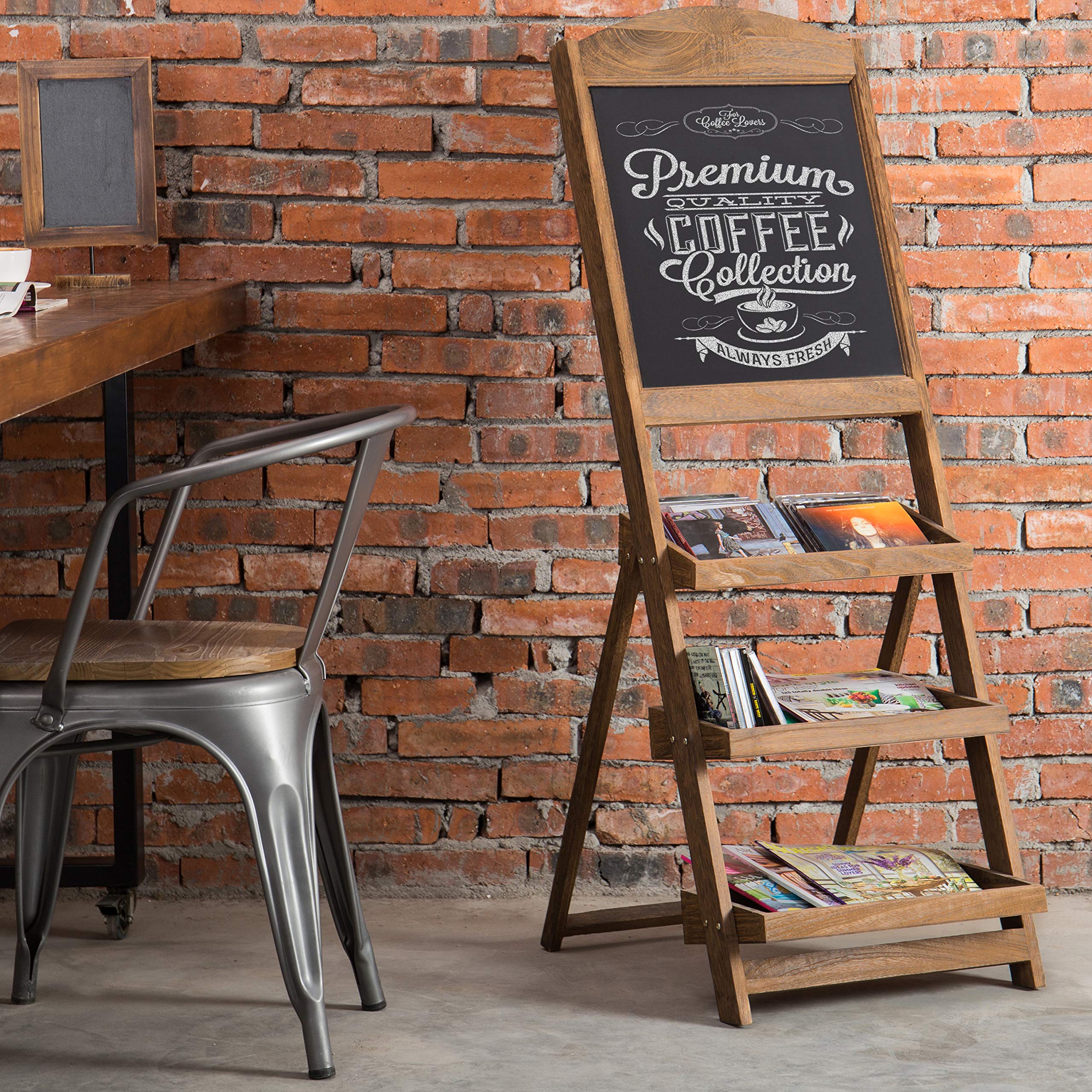 Rustic Burnt Wood Freestanding Chalkboard Easel with 3-Tier Display Shelves - Decorative Chalkboard Plant Stand for Home, Cafe, or Wedding Decor | Perfect for DIY Signs, Menu Boards & Indoor Plant Display