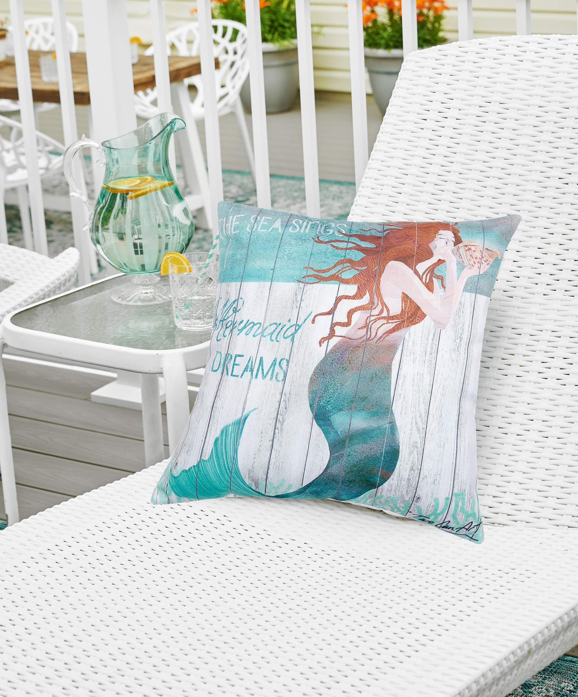 Premium 18x18 Inch Blue Mermaid Dreams Coastal Throw Pillow - Tropical Beach Decor for Indoor & Outdoor Use - Perfect for Patio, Porch, Living Room & Bedroom Accent