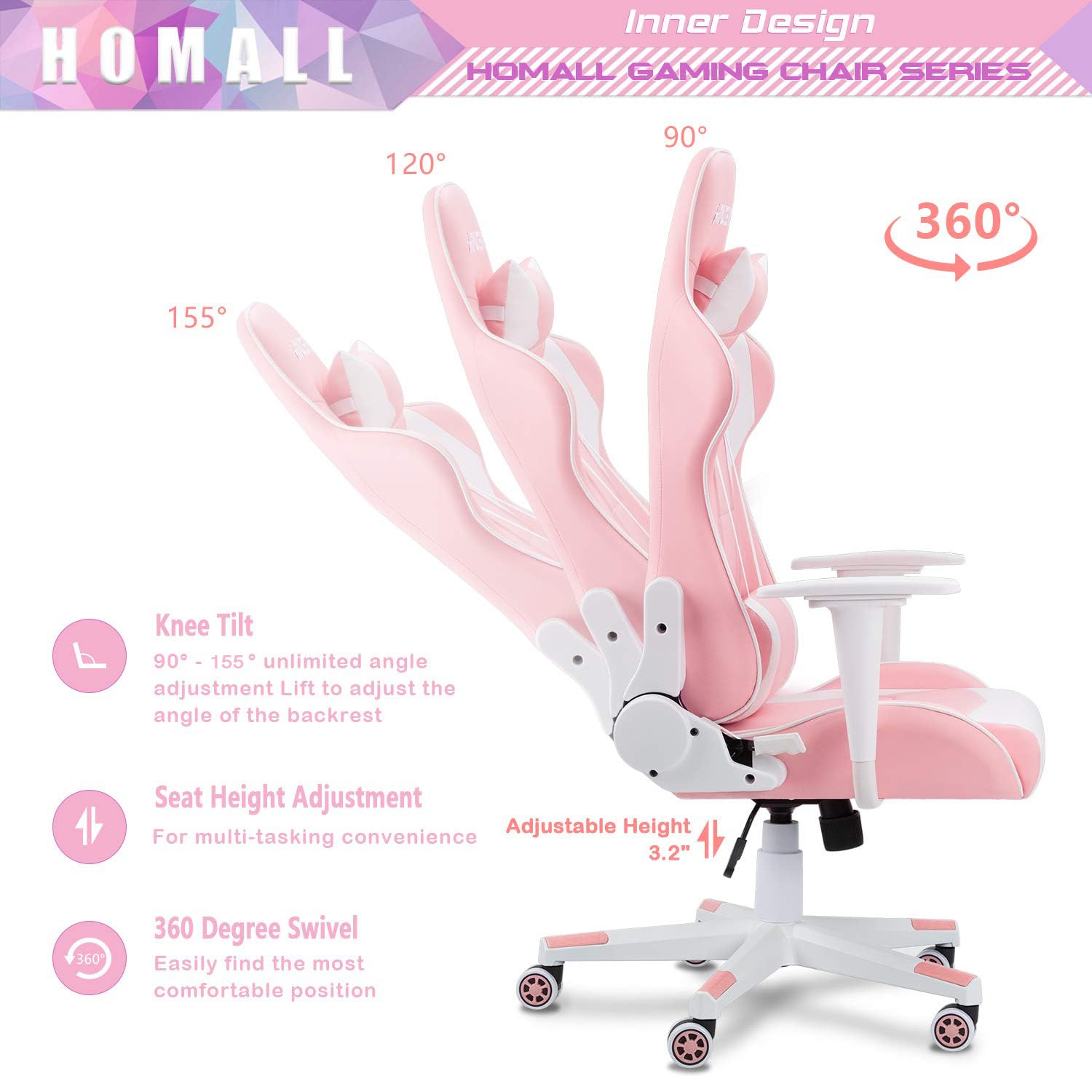 Homall Ergonomic Gaming Chair - High Back Office Chair with Adjustable Headrest & Lumbar Support, Leather Computer Desk Chair for Racing Style Executive Workstation (Pink) - Perfect for Gamers, Home Office & Streaming Setup