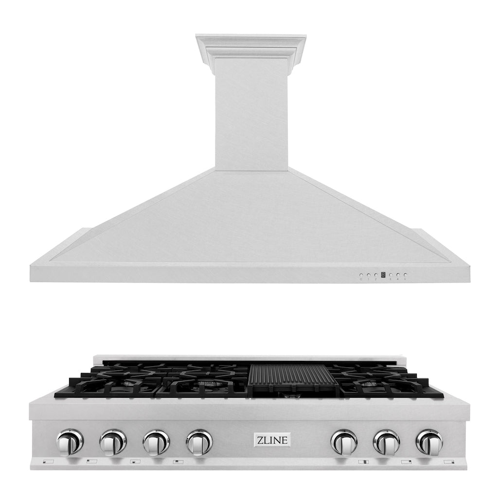 ZLINE 48-inch Satin Stainless Steel Gas Rangetop with Convertible Range Hood - Professional Kitchen Package for Home Chefs | Perfect for Modern Kitchens, Open Concept Homes & Gourmet Cooking