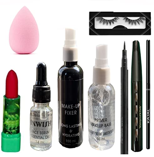 9-Piece Makeup Combo Set - Eyelashes, Eyeliner, Mascara, Kajal, Makeup Fixer, Face Primer, Essential Oil Serum, Puff & Lipstick | Complete Beauty Kit for Daily Makeup & Special Occasions