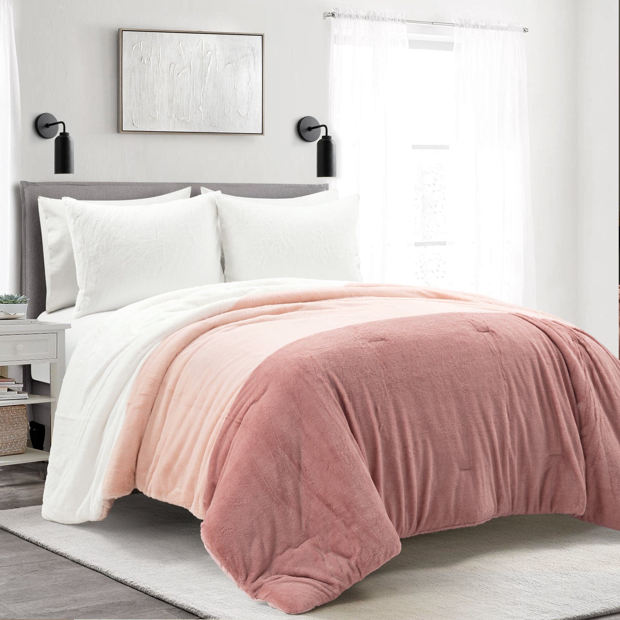 Farmhouse Style Color Block Ultra Soft Faux Fur Comforter Set - King Size Bedding with Pillow Shams - Cozy Winter Luxury Bedroom Decor for Master Bedroom, Guest Room & Dorm