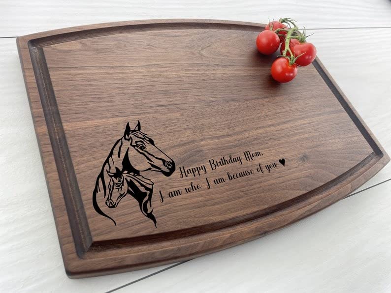 Custom Engraved Walnut Cutting Board - Personalized Horse & Fawn Design - 16