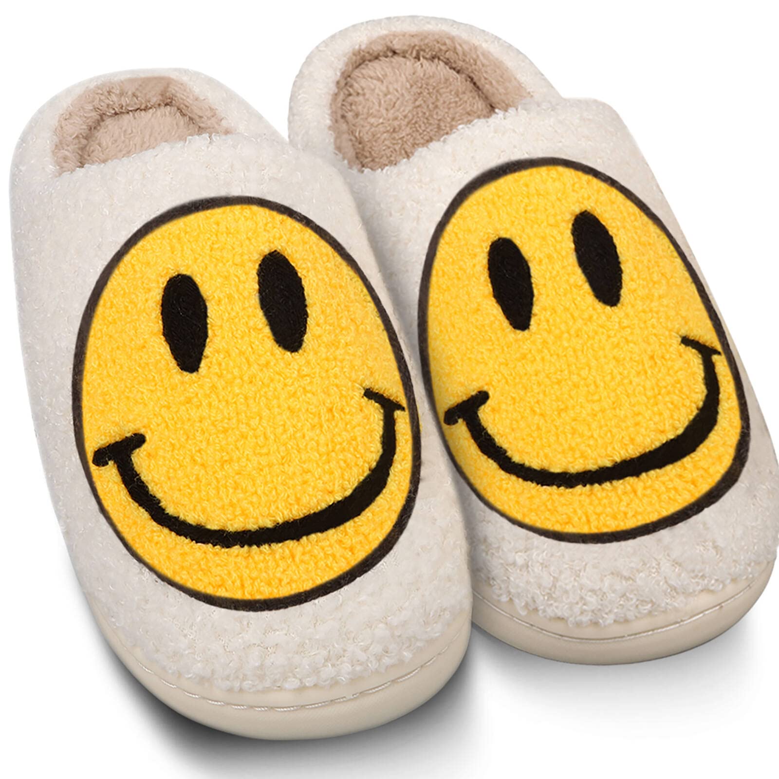 Smiley Face Slippers - Retro Soft Plush Lightweight House Shoes for Women & Men, Cozy Slip-On Indoor Outdoor Slippers for Home, Dorm, Spa, and Travel